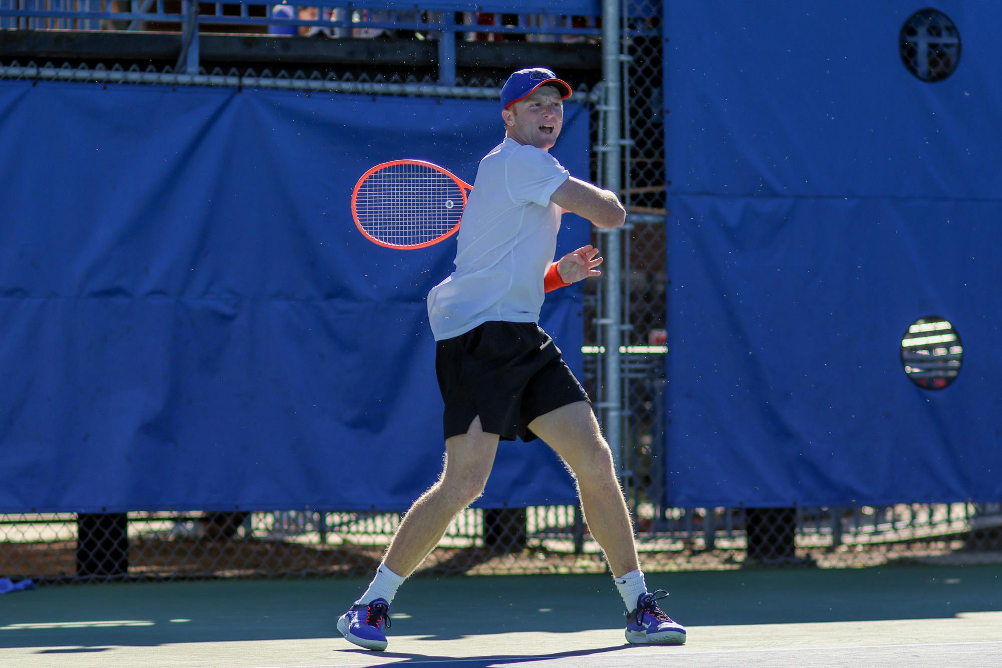 Florida freshman Jonah Braswell returns a ball against the Texas Longhorns, Jan. 15, 2023. 