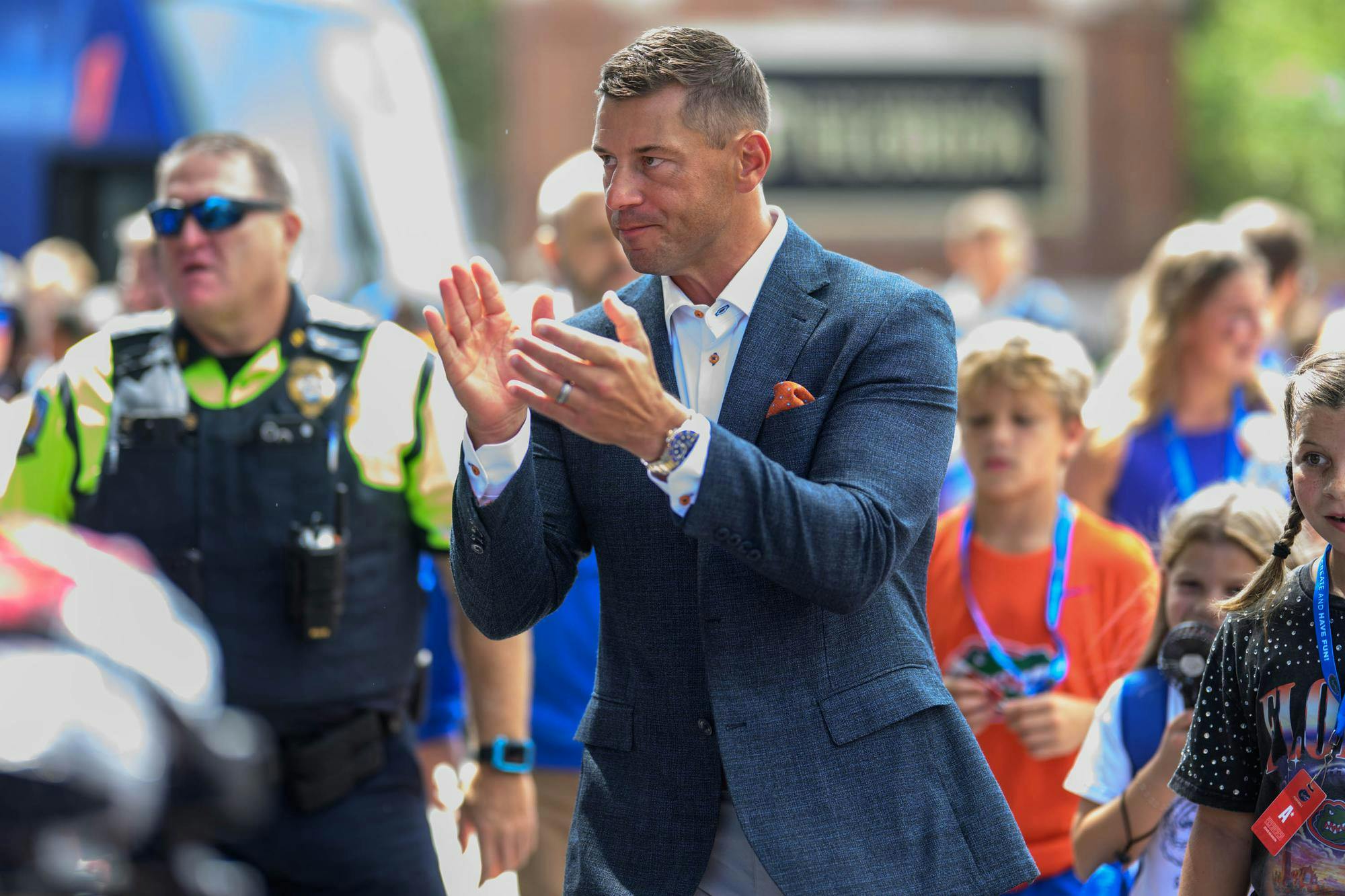 Florida head coach Jon Sumrall claps at fans before an NCAA college football game against Campbell, Saturday, Sept. 12, 2026, in Gainesville, Fla.