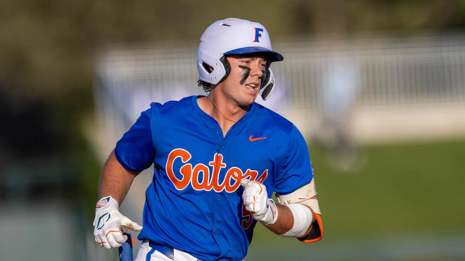 Florida infielder Blake Cyr (5) runs home during an NCAA college baseball game against Auburn at Condron Family Ballpark in Gainesville, Fla., Friday, April 17, 2026.