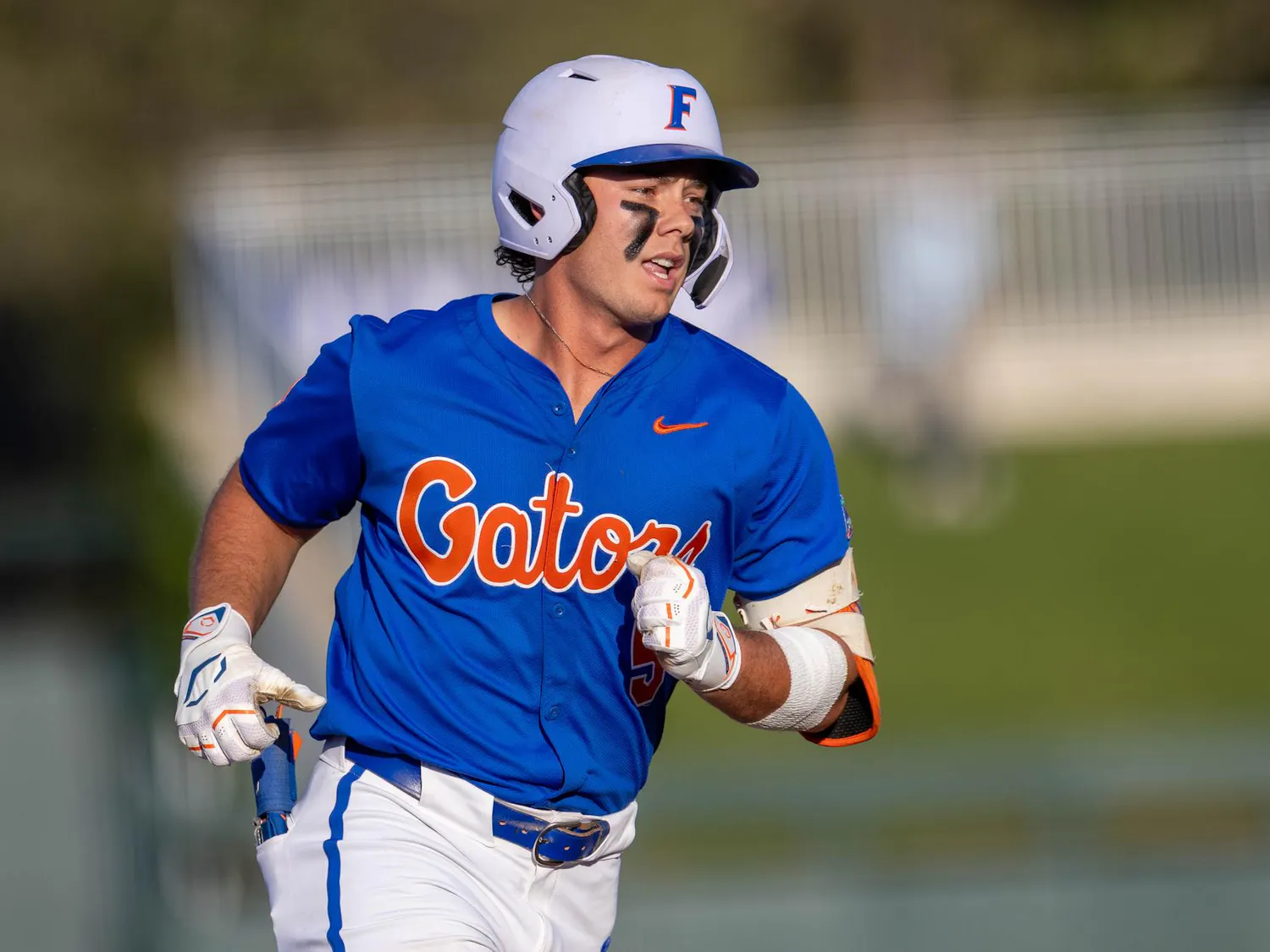 Florida infielder Blake Cyr (5) runs home during an NCAA college baseball game against Auburn at Condron Family Ballpark in Gainesville, Fla., Friday, April 17, 2026.