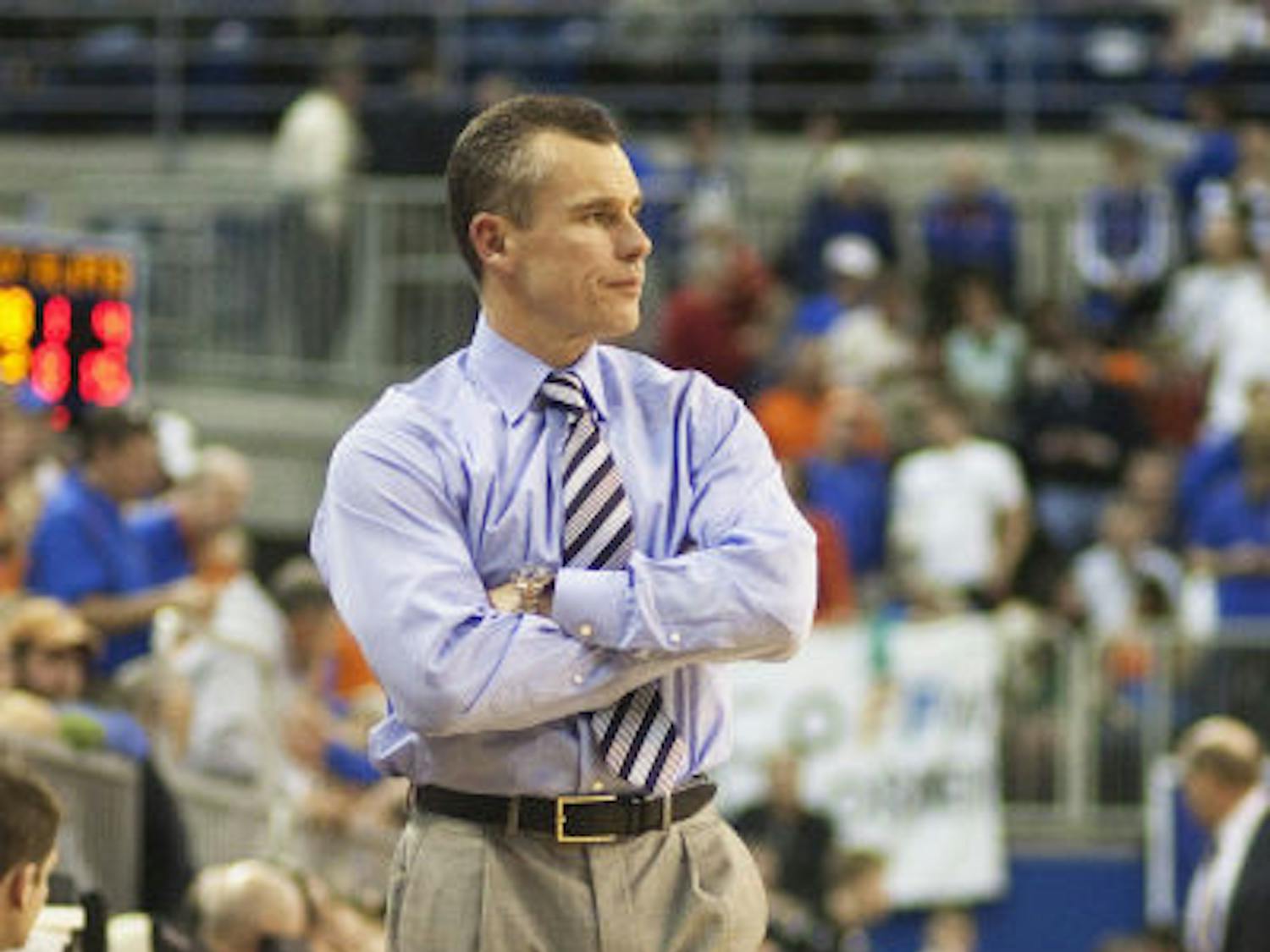 Coach Billy Donovan watches from the bench during Florida’s 66-40 win against Vanderbilt on March 6 in the O’Connell Center.