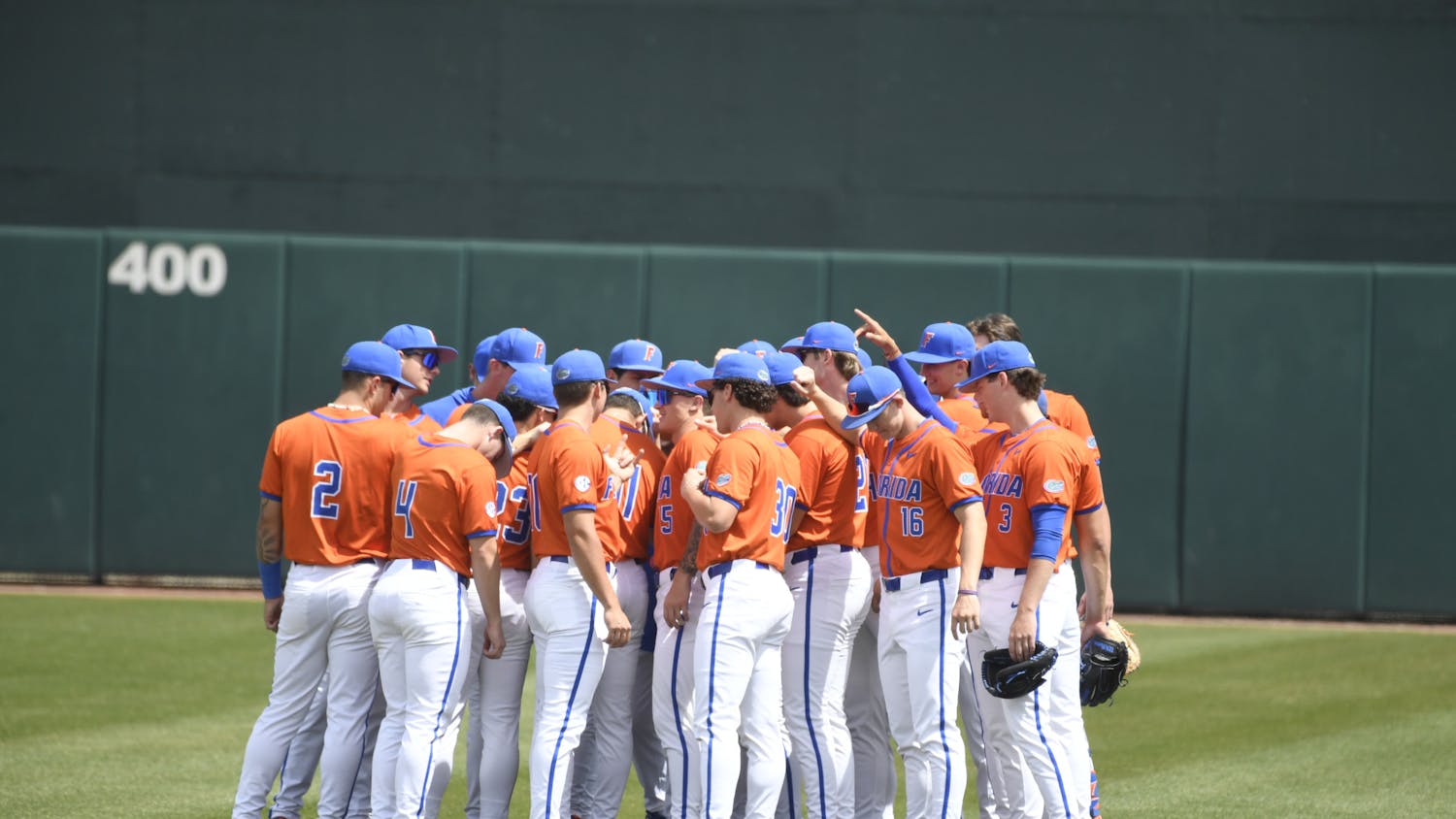 The Florida baseball team huddles up before its game against Mississippi State on Sunday, March 31, 2024. 