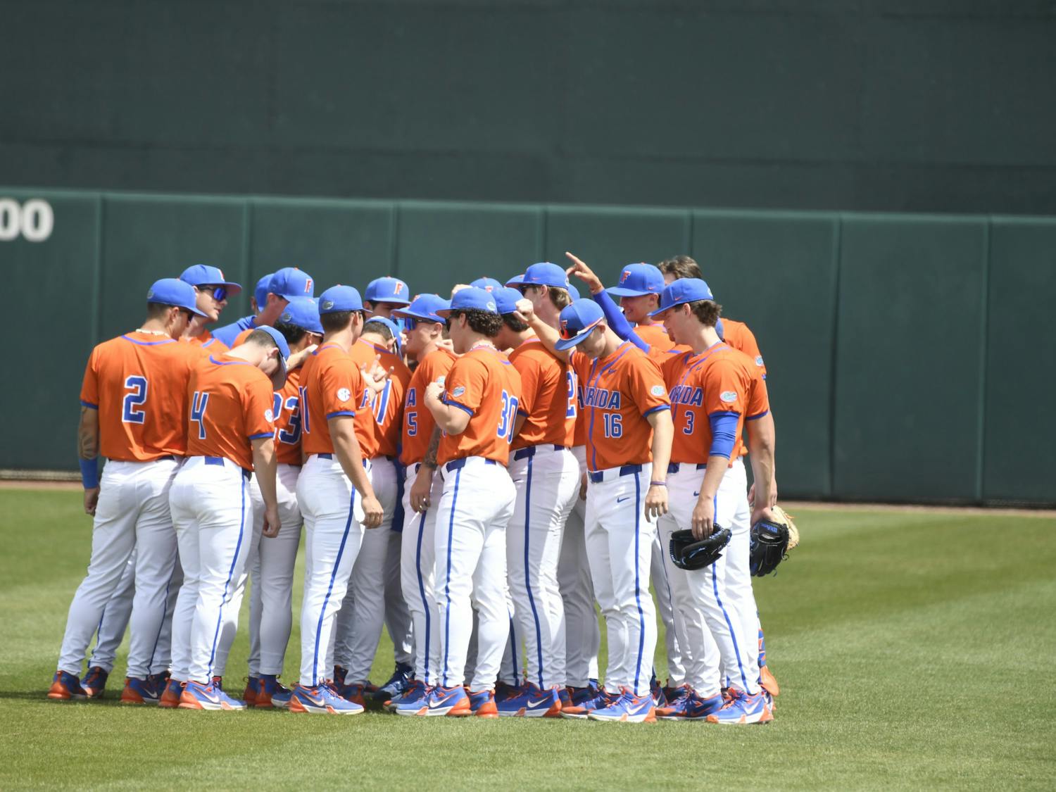 The Florida baseball team huddles up before its game against Mississippi State on Sunday, March 31, 2024. 