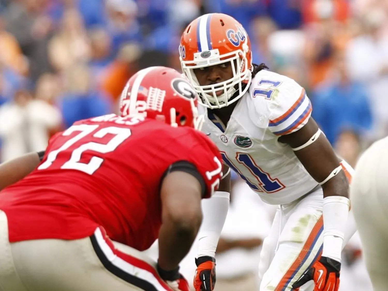 Sophomore linebacker Neiron Ball (11) prepares to rush the passer in Florida’s 17-9 loss to Georgia on Nov. 1, 2012 at EverBank Field in Jacksonville.
