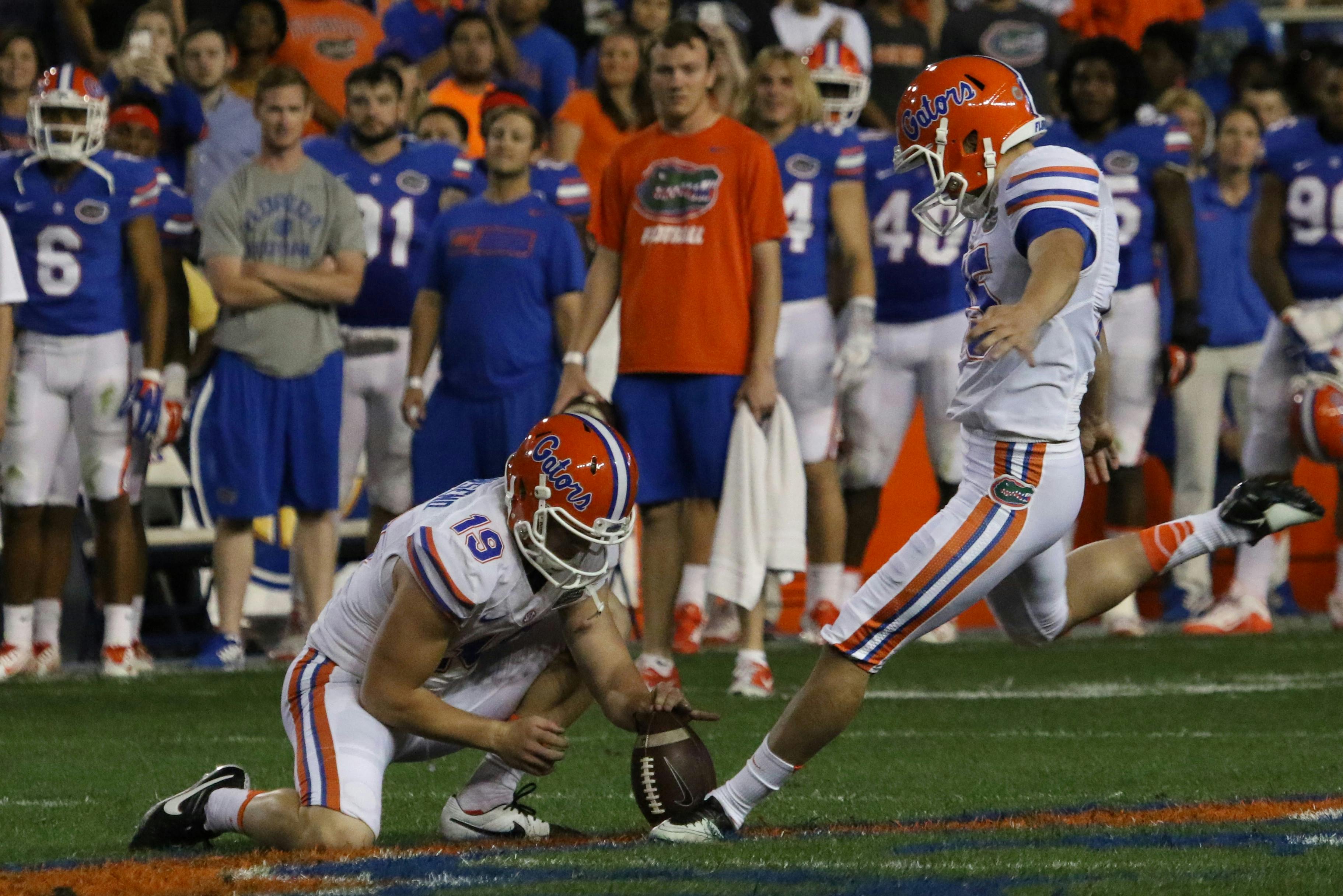 Placekicker Eddy Pineiro kicks a field goal during the Orange &amp; Blue Debut on April 8, 2016, at Ben Hill Griffin Stadium.