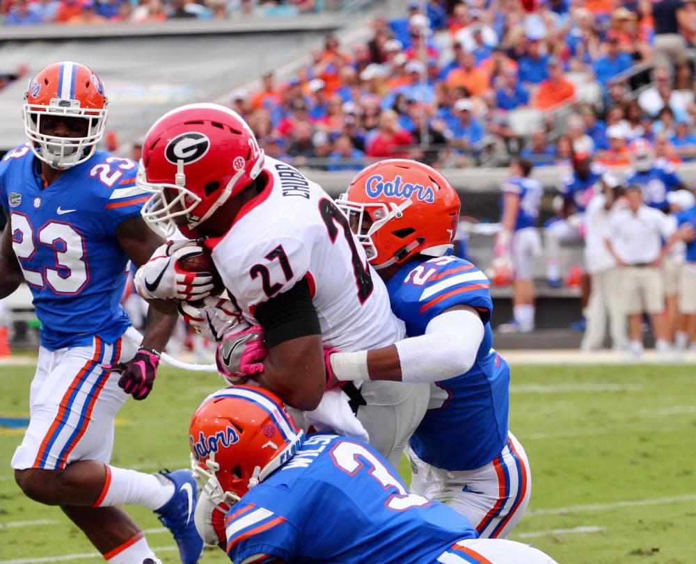 Former Georgia running backs Nick Chubb (pictured) and Sony Michel ran for a combined 214 yards in last season's Florida-Georgia game in Jacksonville.