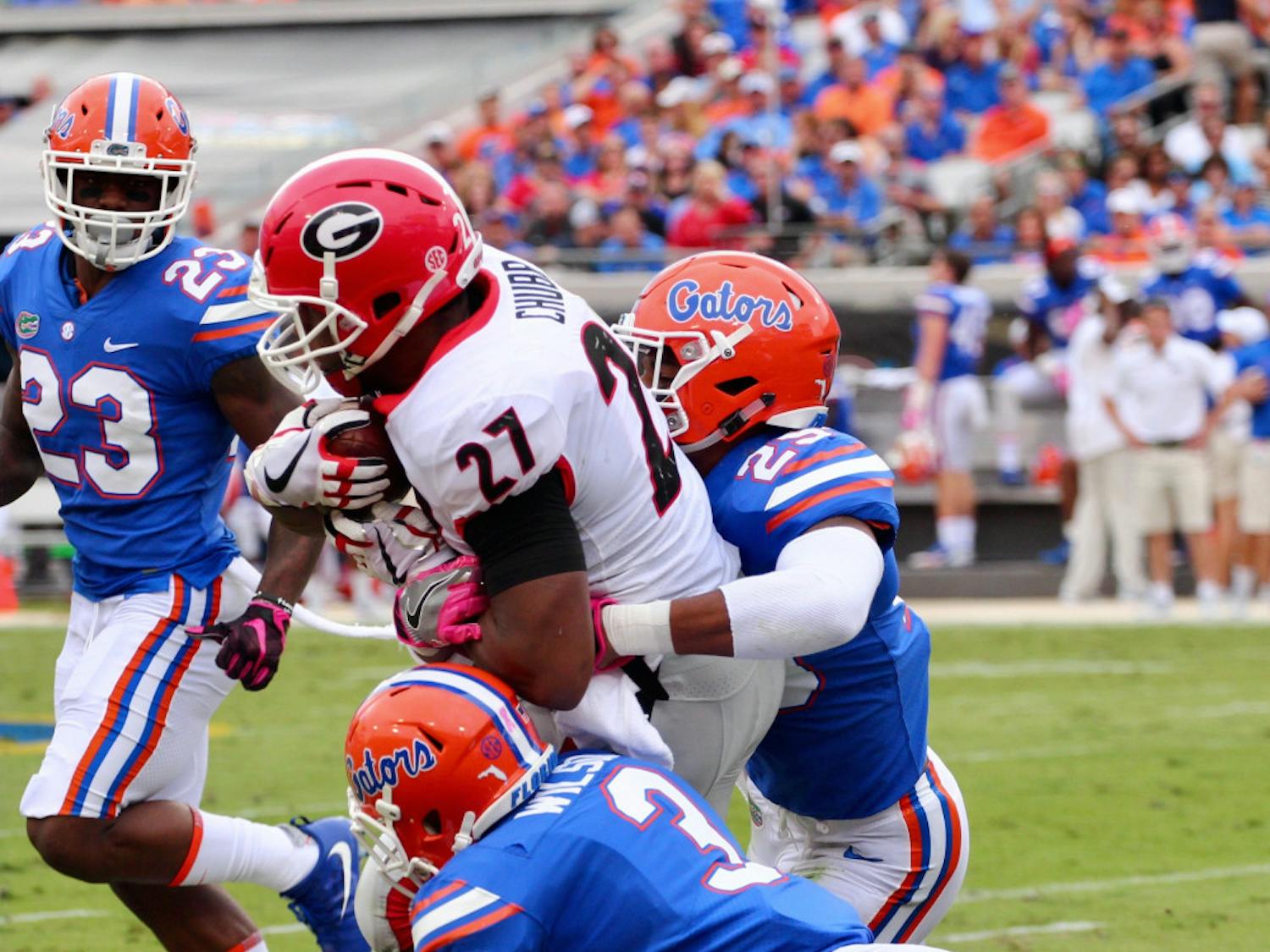 Former Georgia running backs Nick Chubb (pictured) and Sony Michel ran for a combined 214 yards in last season's Florida-Georgia game in Jacksonville.