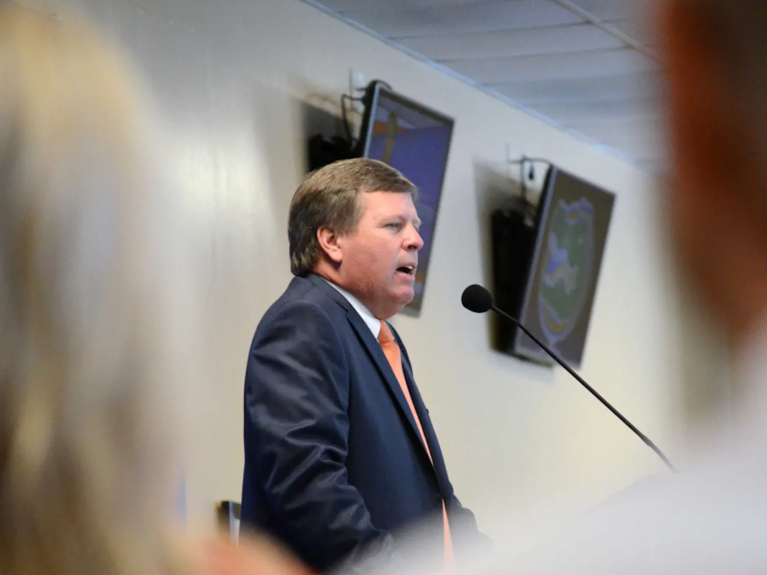 New head football coach Jim McElwain speaks at his opening press conference in Ben Hill Griffin Stadium.