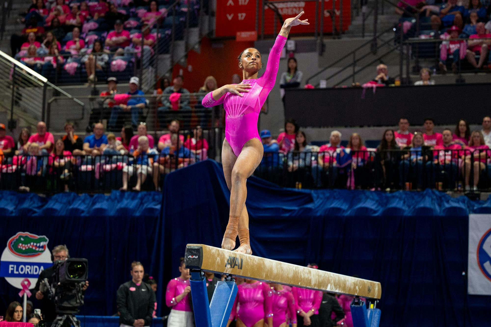 Florida gymnast Selena Harris-Miranda performs on the beam during an NCAA gymnastics meet against Oklahoma, Friday, Feb. 13, 2026, in Gainesville, Fla.