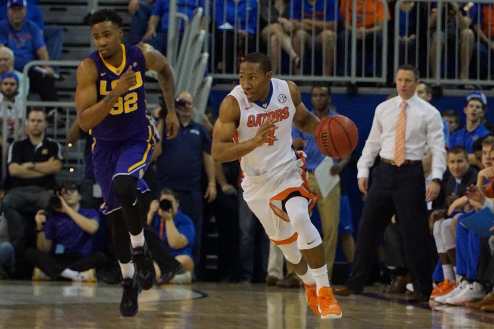 <p>UF guard KeVaughn Allen drives down the court during Florida’s 68-62 win over LSU on Jan. 9, 2016, in the O’Connell Center.</p>