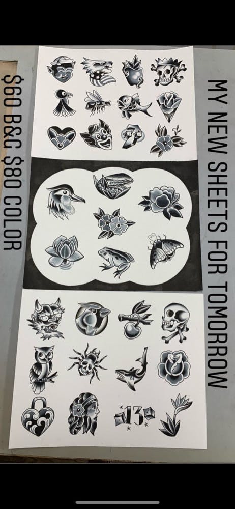 Tattoo artist Tim Strating displays his flash sheets for Anthem Tattoo's Friday the 13th event.  