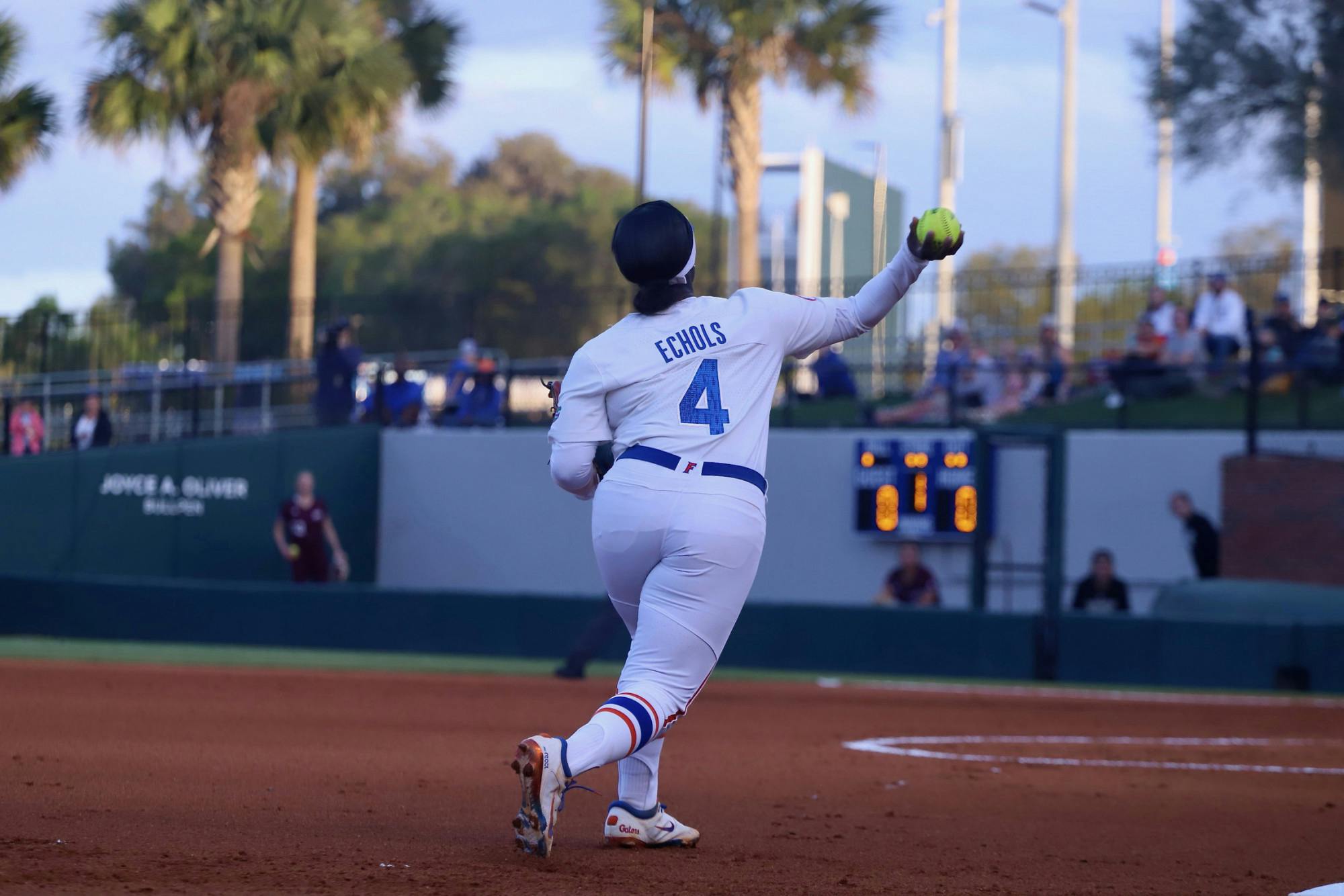 Senior Charla Echols throws against Mississippi State on March. 14. The Gators split their final two games of the season in a Saturday double-header.