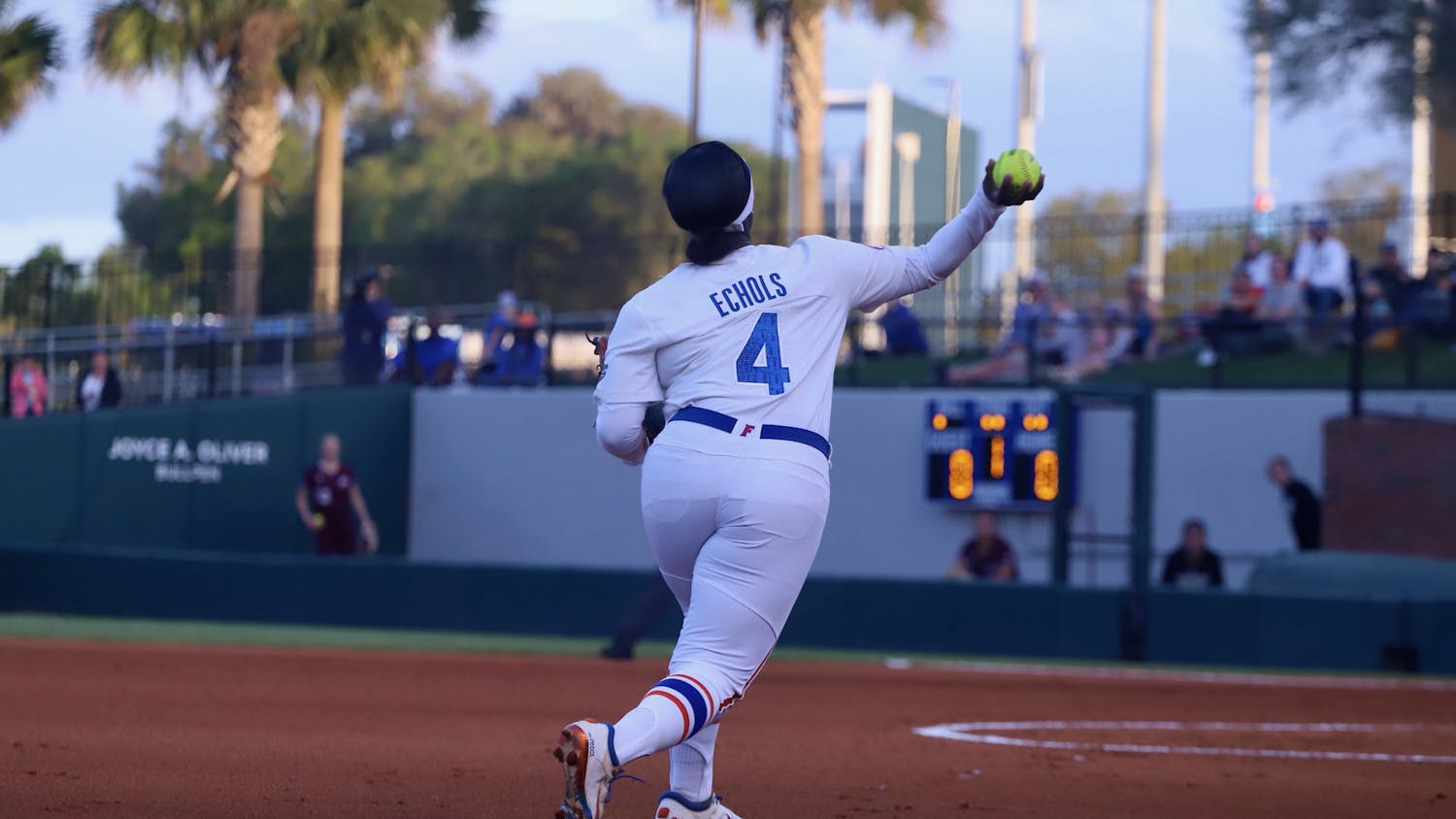 Senior Charla Echols throws against Mississippi State on March. 14. The Gators split their final two games of the season in a Saturday double-header.