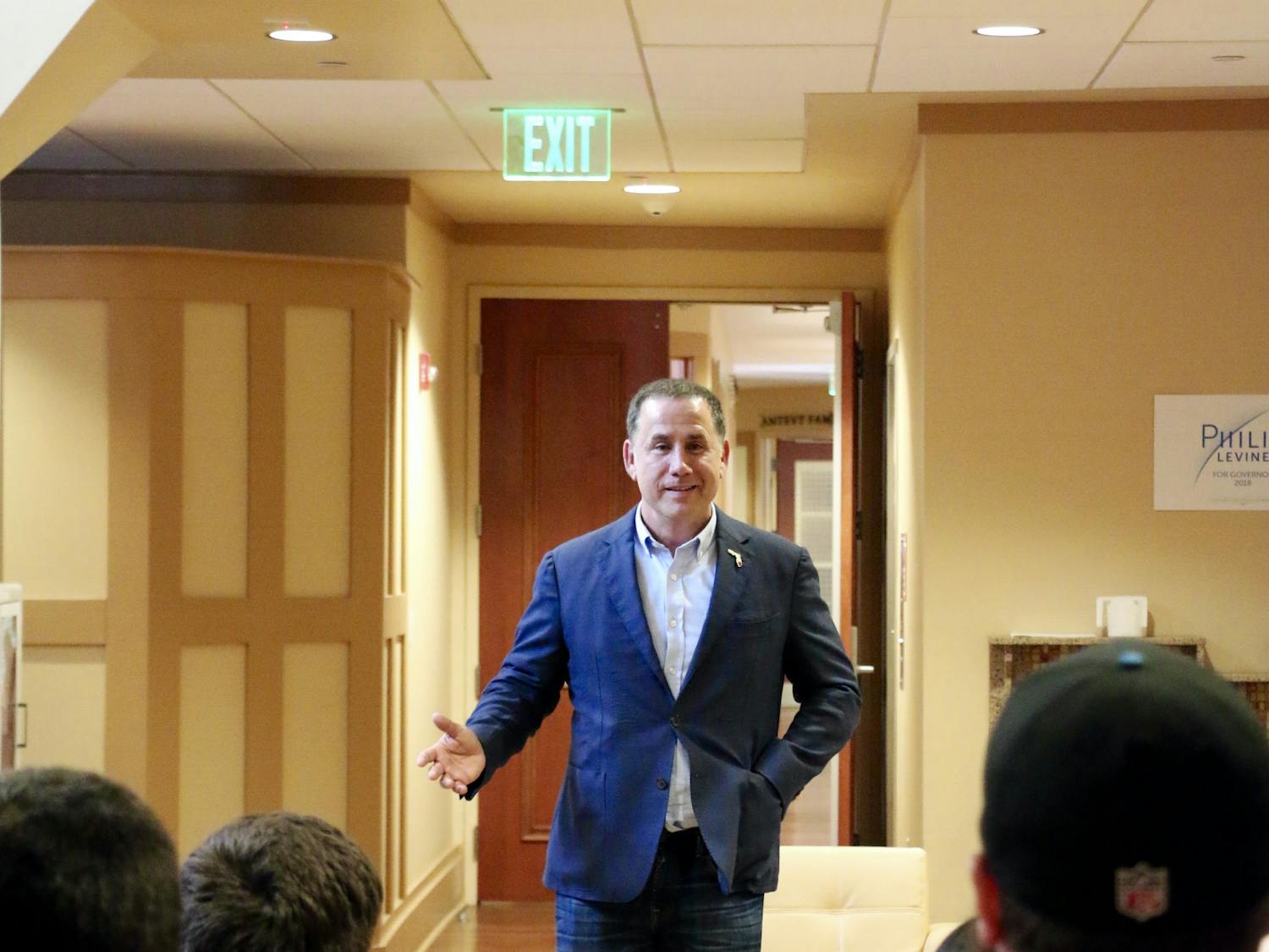 Florida gubernatorial candidate 55-year-old Philip Levine speaks to students gathered at the Lubavitch Chabad Jewish Center in Gainesville as part of his statewide bus tour aimed toward connecting with constituents.