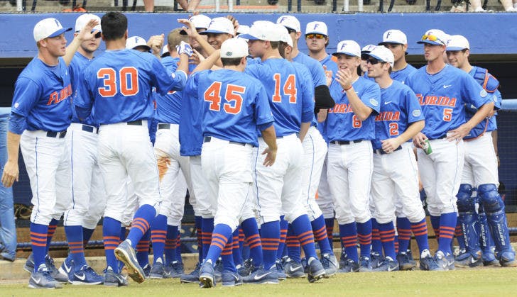 Florida celebrates during a 4-0 win against Ole Miss on March 31 at McKethan Stadium.&nbsp;