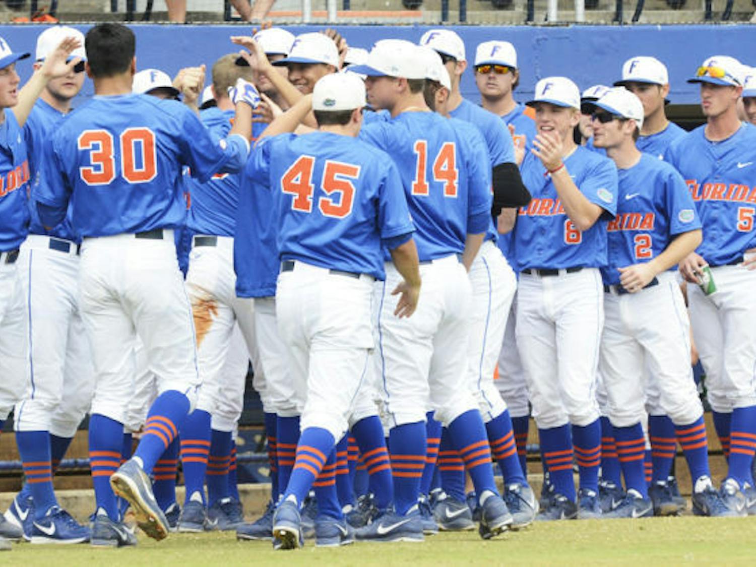 Florida celebrates during a 4-0 win against Ole Miss on March 31 at McKethan Stadium.&nbsp;