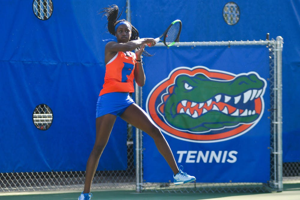 <p>Junior Marlee Zein hits a forehand return against Boson College in the 2019 NCAA Tournament. Zein ranks 85th among singles players</p>