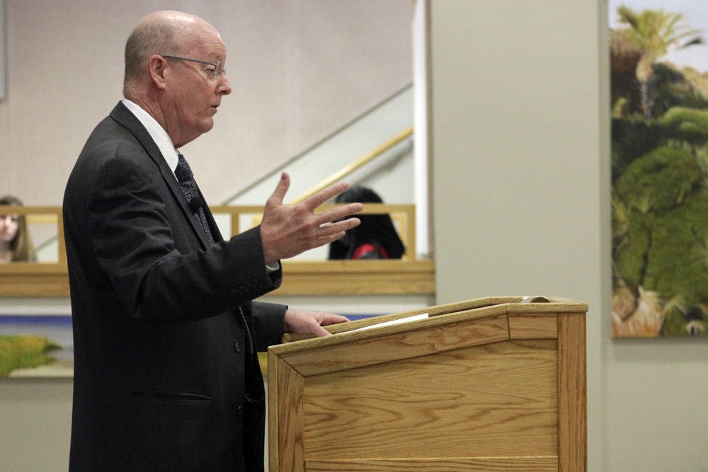 John Caulfield, former Chief of U.S Interests Section in Cuba, discusses relations between the U.S. and Cuba on Jan. 26, 2016 in the Pugh Hall Ocora. "This is not your normal international relationship," he said, comparing it to a bad divorce.