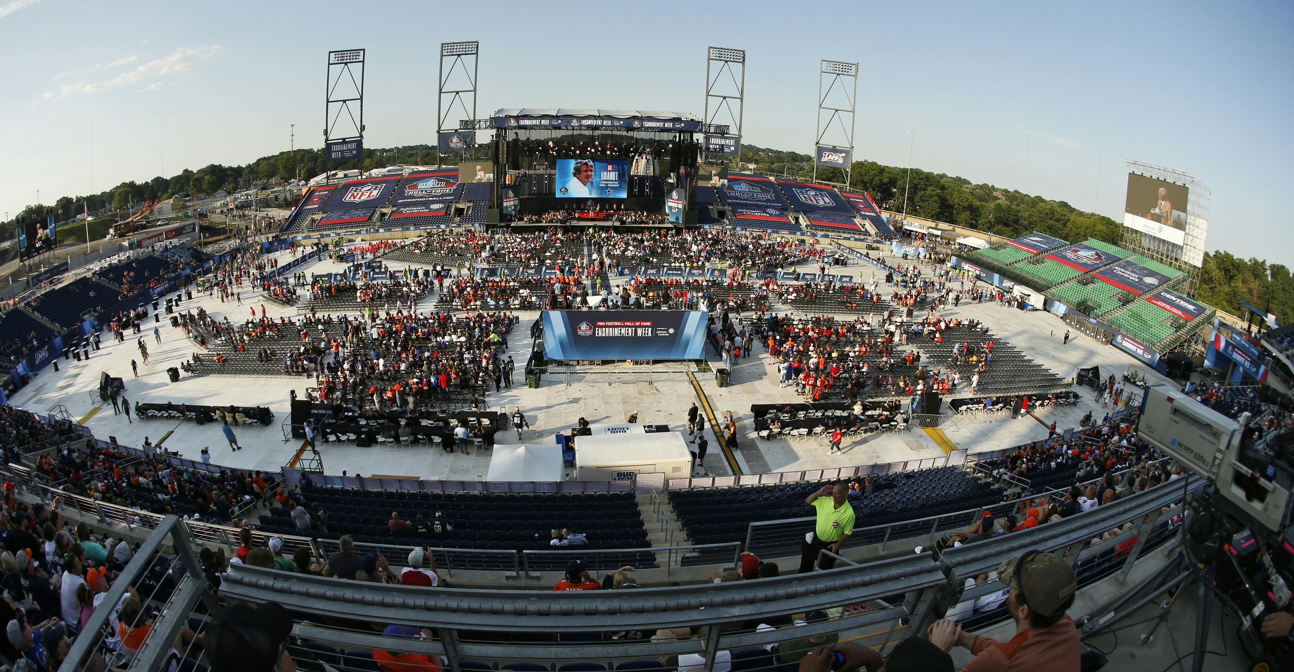 The Tom Benson Hall of Fame stadium is shown during the induction ceremony at the Pro Football Hall of Fame, Saturday, Aug. 3, 2019, in Canton, Ohio. 