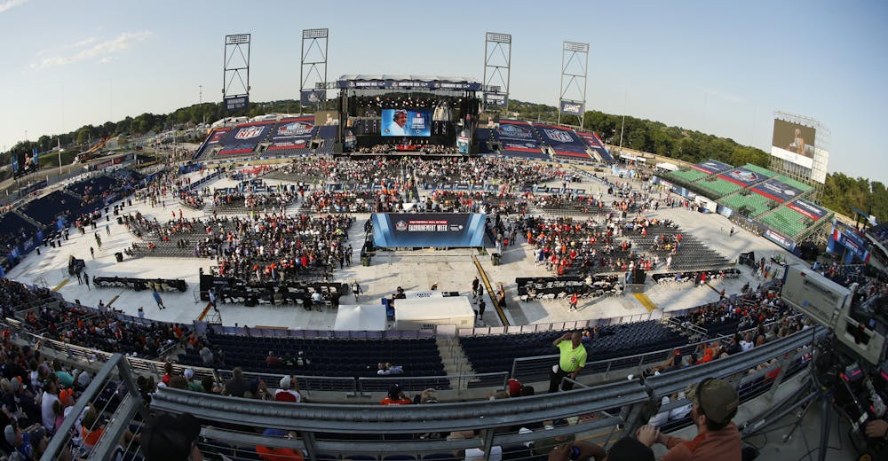 <p>The Tom Benson Hall of Fame stadium is shown during the induction ceremony at the Pro Football Hall of Fame, Saturday, Aug. 3, 2019, in Canton, Ohio. </p>