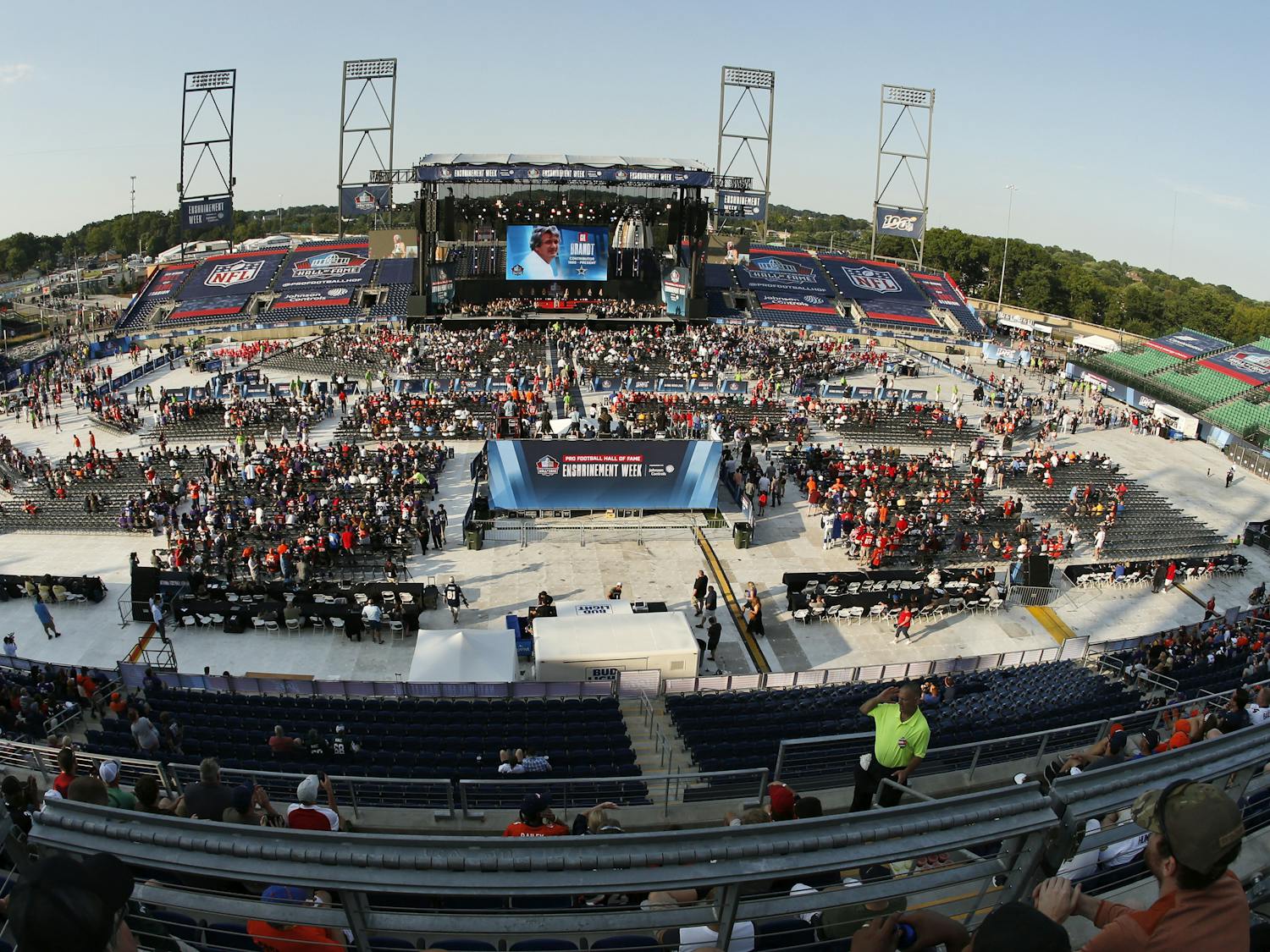 The Tom Benson Hall of Fame stadium is shown during the induction ceremony at the Pro Football Hall of Fame, Saturday, Aug. 3, 2019, in Canton, Ohio.