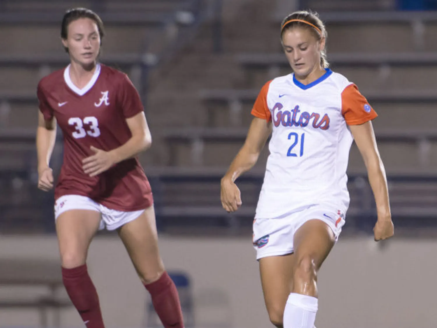 Jillian Graff (21) dribbles past Alabama’s Abby Lutzenkirchen (33) during Florida’s 3-0 victory against Alabama on Sept. 20 at James G. Pressly Stadium. Graff has one goal this season.
