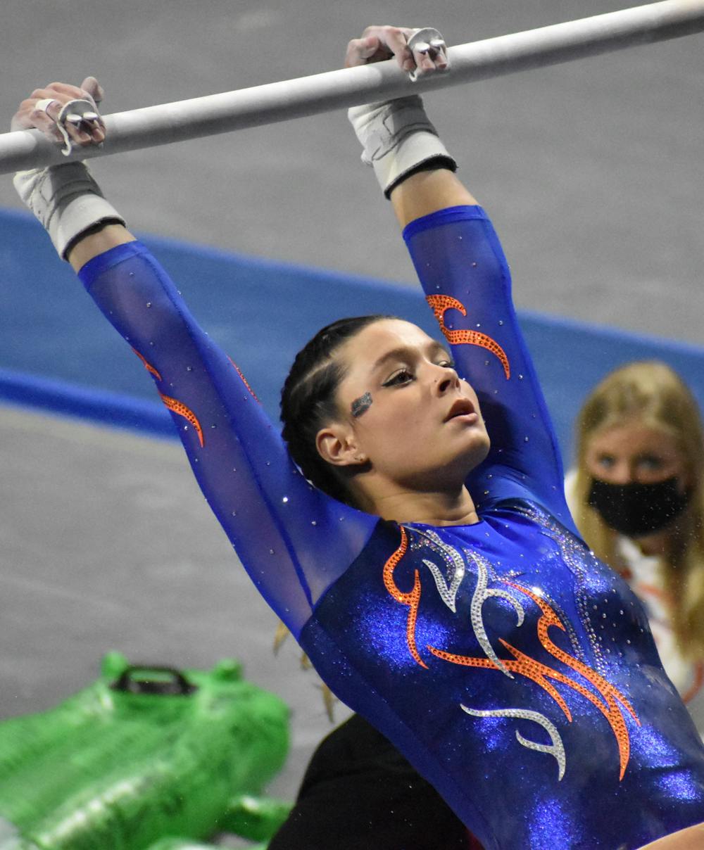 Florida recorded a season-low 48.725 on the bars. Photo from UF-Mizzou Jan. 29.