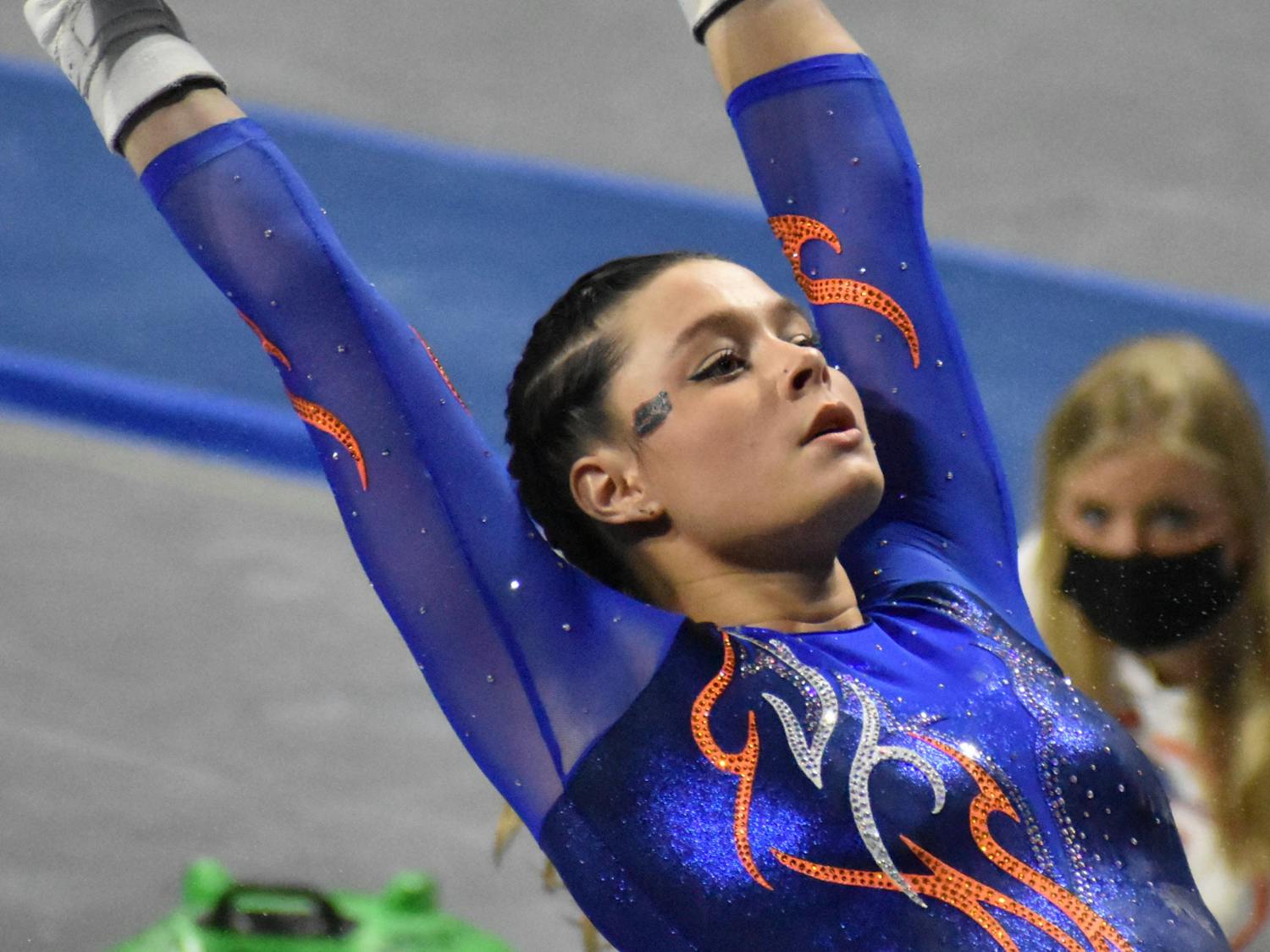 Florida recorded a season-low 48.725 on the bars. Photo from UF-Mizzou Jan. 29.