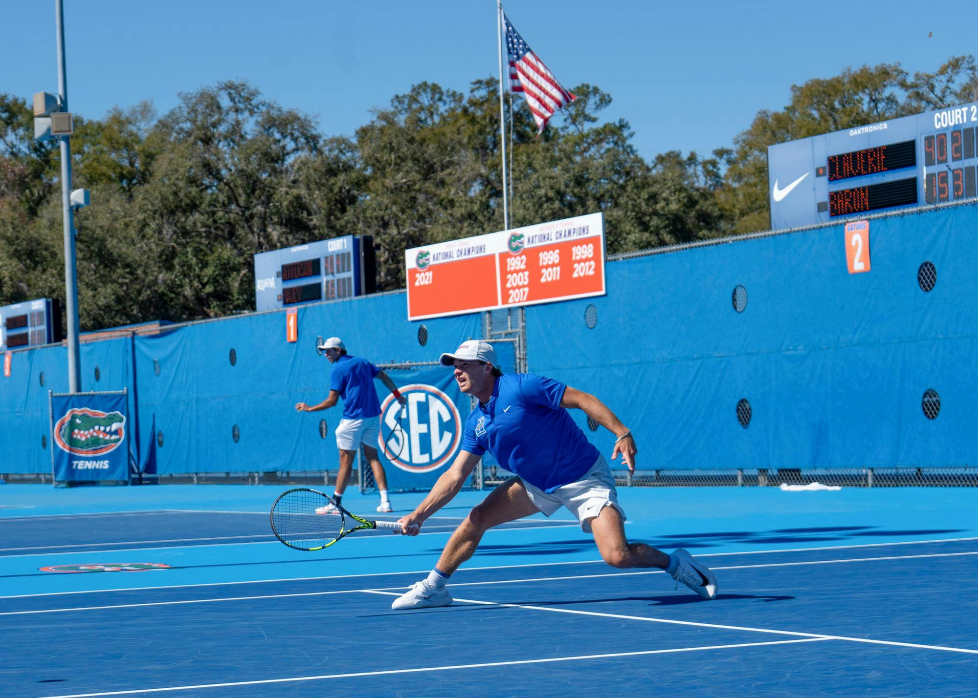 Florida's Kevin Edengren returns the ball during an NCAA men's tennis match against Gustav Hasslegren of Florida Gulf Coast University, Saturday, Feb. 7, 2026, in Gainesville, Fla.