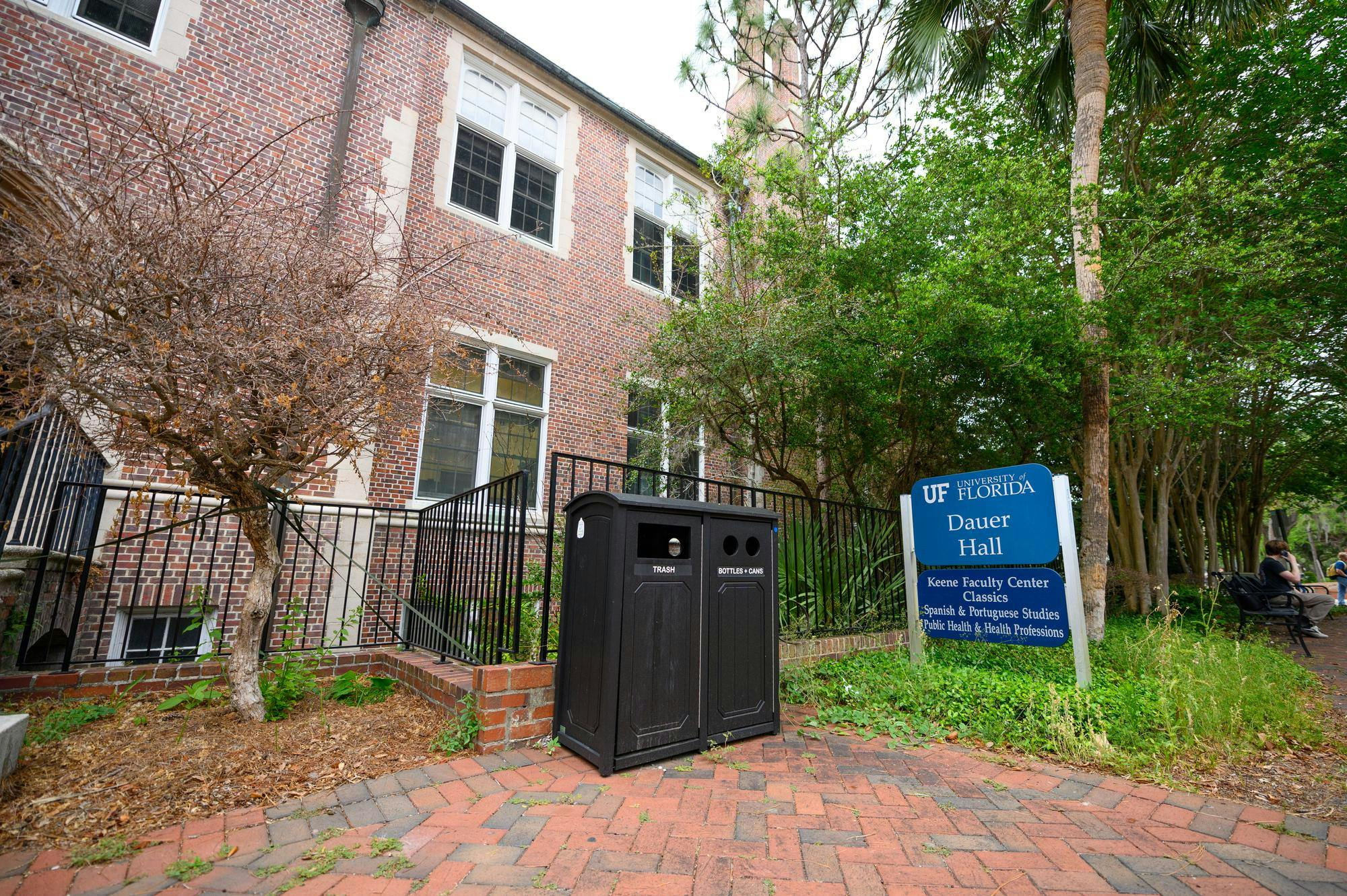 A sign for the Spanish and Portuguese departments stands outside Dauer Hall on UF's campus, Wednesday, April 8, 2026.