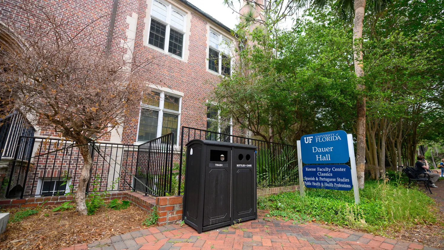 A sign for the Spanish and Portuguese departments stands outside Dauer Hall on UF's campus, Wednesday, April 8, 2026.