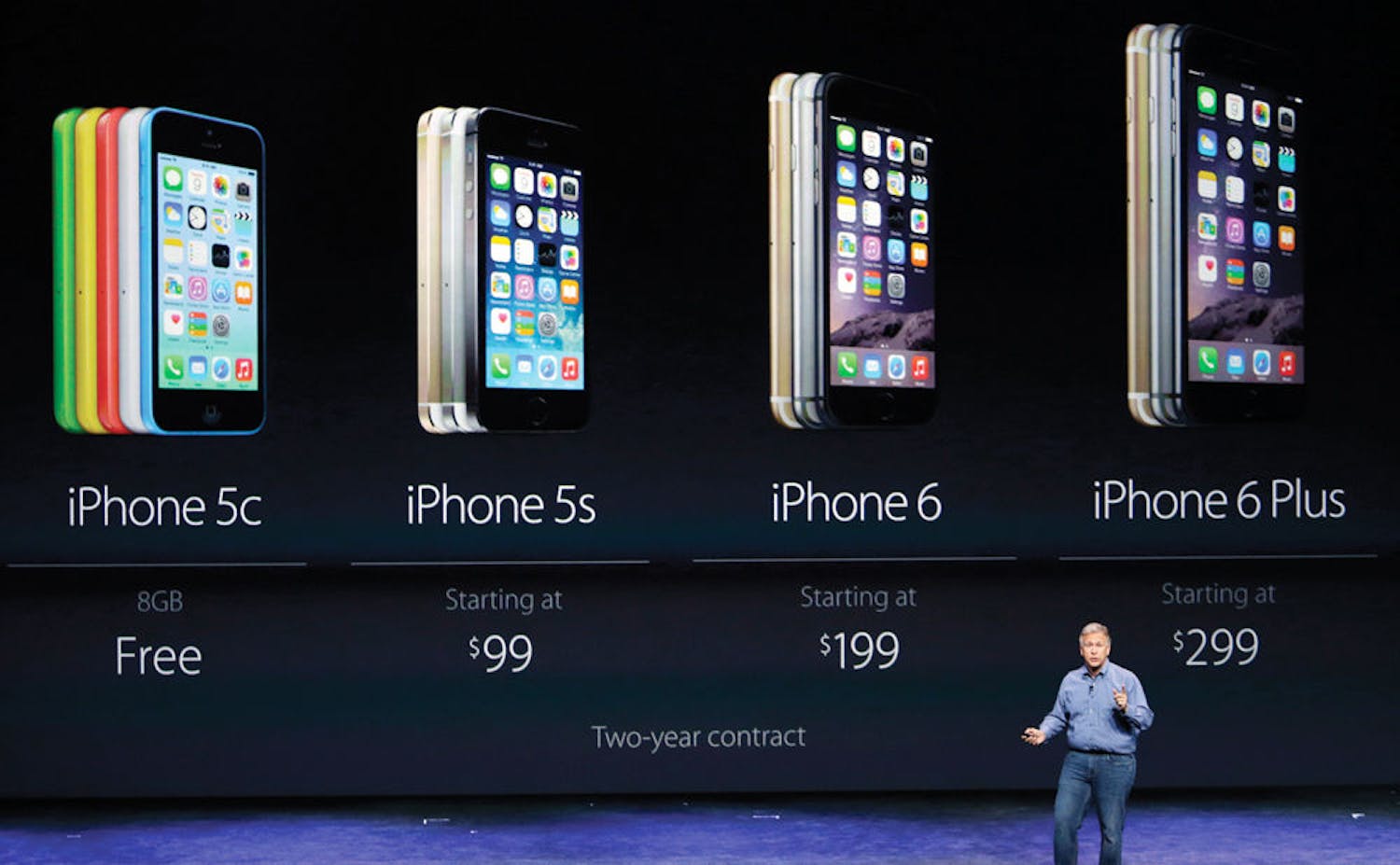 Phil Schiller, Apple's senior vice president of worldwide product marketing, discusses the costs of the new iPhone 6 and iPhone 6 plus on Tuesday, Sept. 9, 2014, in Cupertino, Calif. (AP Photo/Marcio Jose Sanchez)