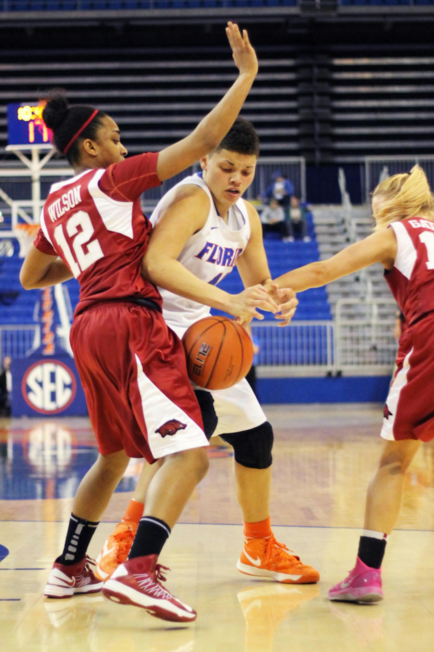 Freshman guard Sydney Moss loses her grip on the ball during Florida 69-58 loss to Arkansas on Feb. 28 in the O’Connell Center.