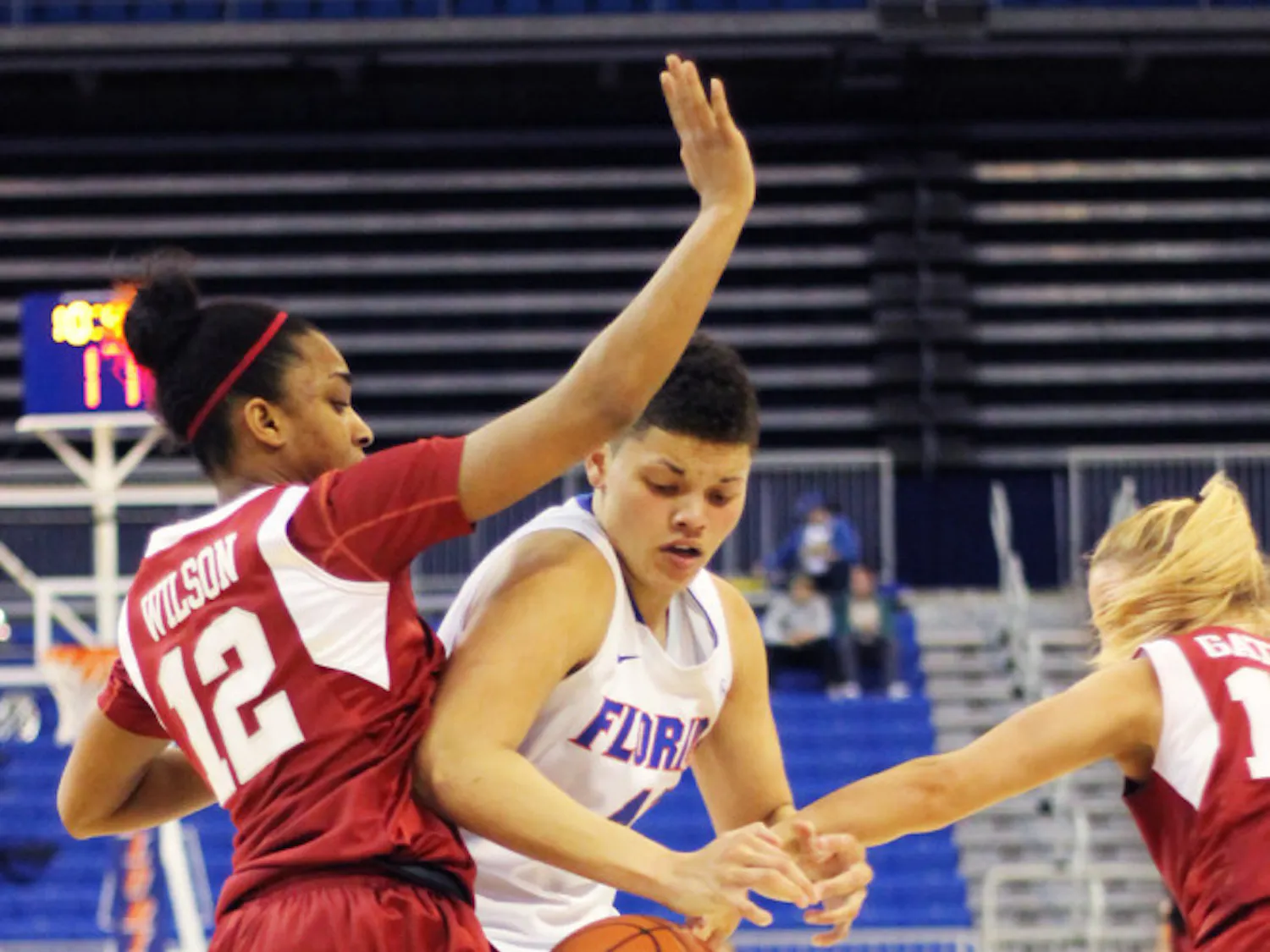 Freshman guard Sydney Moss loses her grip on the ball during Florida 69-58 loss to Arkansas on Feb. 28 in the O’Connell Center.