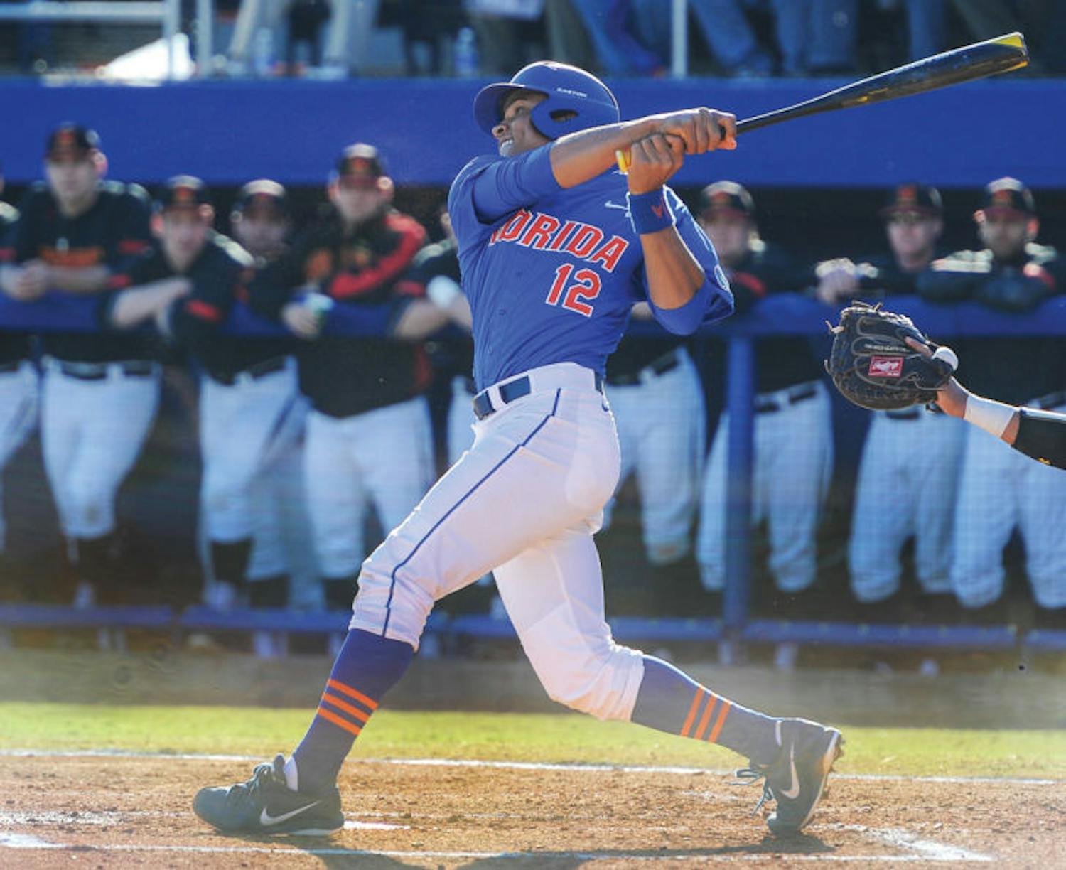 Richie Martin hits during Florida’s 9-7 loss against Maryland on Feb. 15 at McKethan Stadium. Martin went 3-for-3 at the plate and scored three runs in UF's 8-2 win against USF on Tuesday.