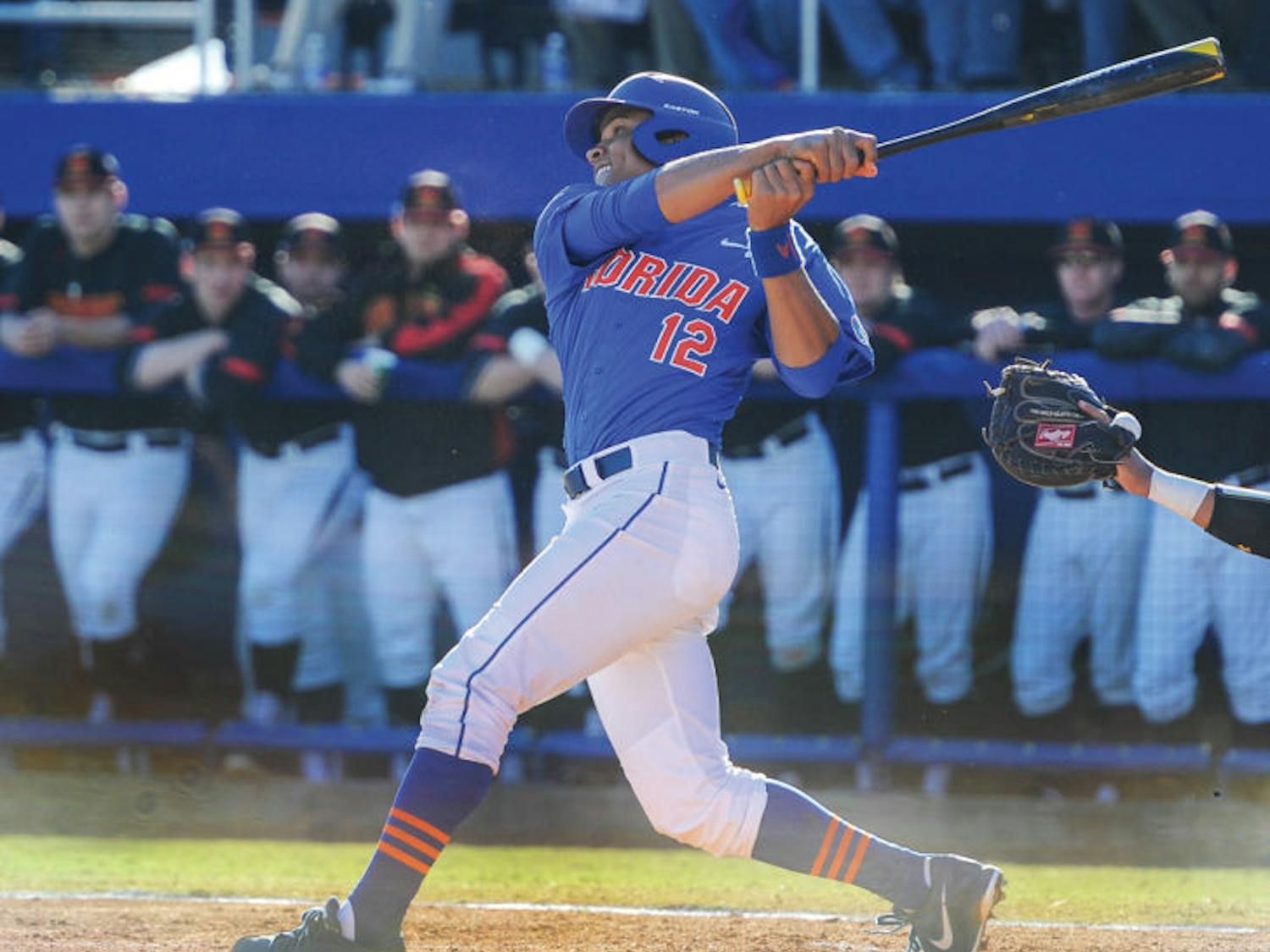 Richie Martin hits during Florida’s 9-7 loss against Maryland on Feb. 15 at McKethan Stadium. Martin went 3-for-3 at the plate and scored three runs in UF's 8-2 win against USF on Tuesday.
