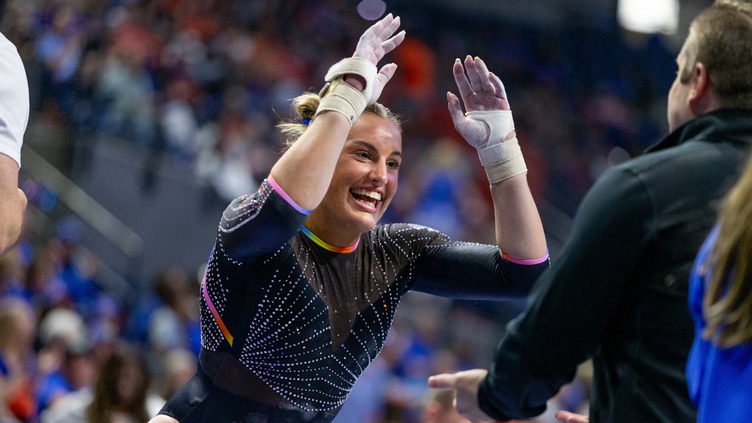 Skylar Draser beams with excitement after her uneven parallel bars routine  during the 2024 NCAA Gymnastics Gainesville Regional Finals on Sunday, April 7. 