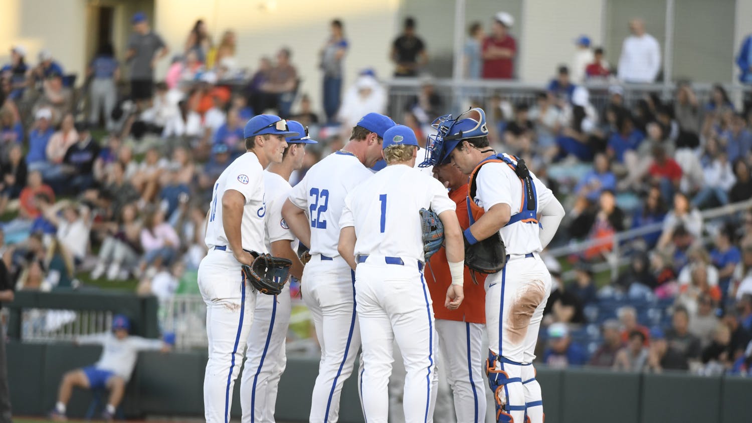 Florida baseball head coach Kevin O'Sullivan talks to his team during a mound visit in the Gators' loss to the South Carolina Gamecocks on Friday, April 12, 2024. 