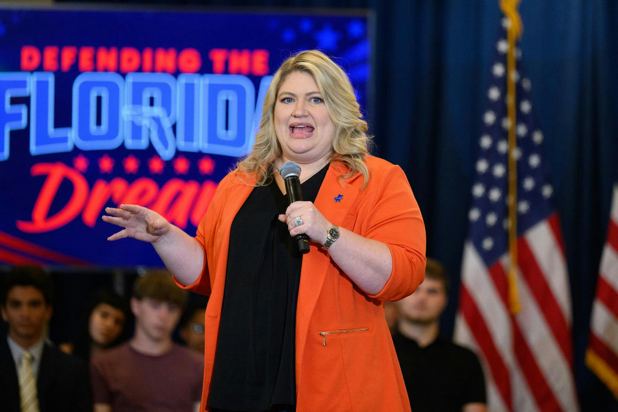 Representative Kat Cammack speaks during a Byron Donalds town hall as a part of his Defending the Florida Dream Tour, Wednesday, Sept. 30, 2026, in Gainesville, Fla.
