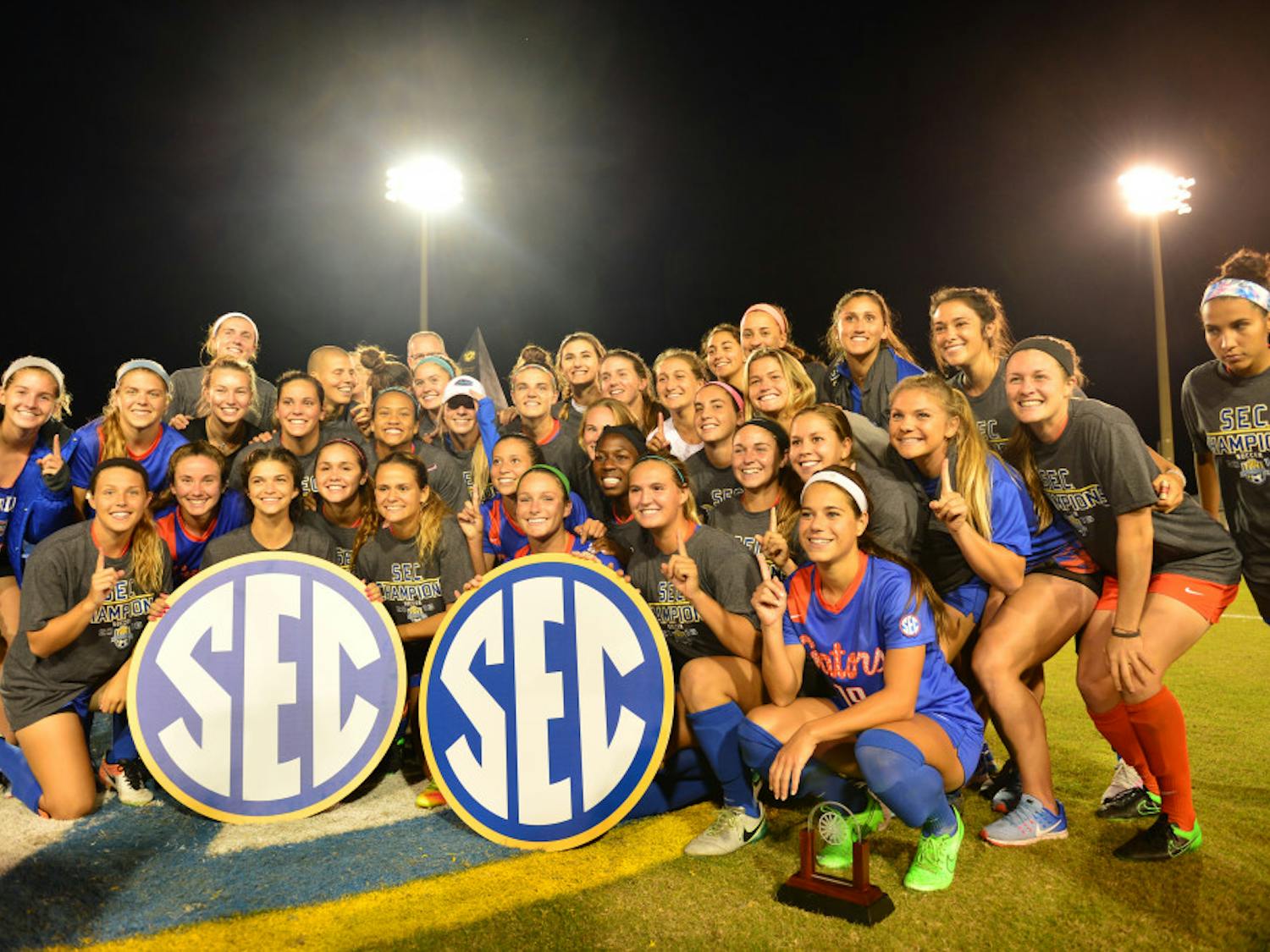 Florida celebrates its 2-1 overtime win in the 2016 Southeastern Conference Tournament championship match in Orange Beach, Alabama.