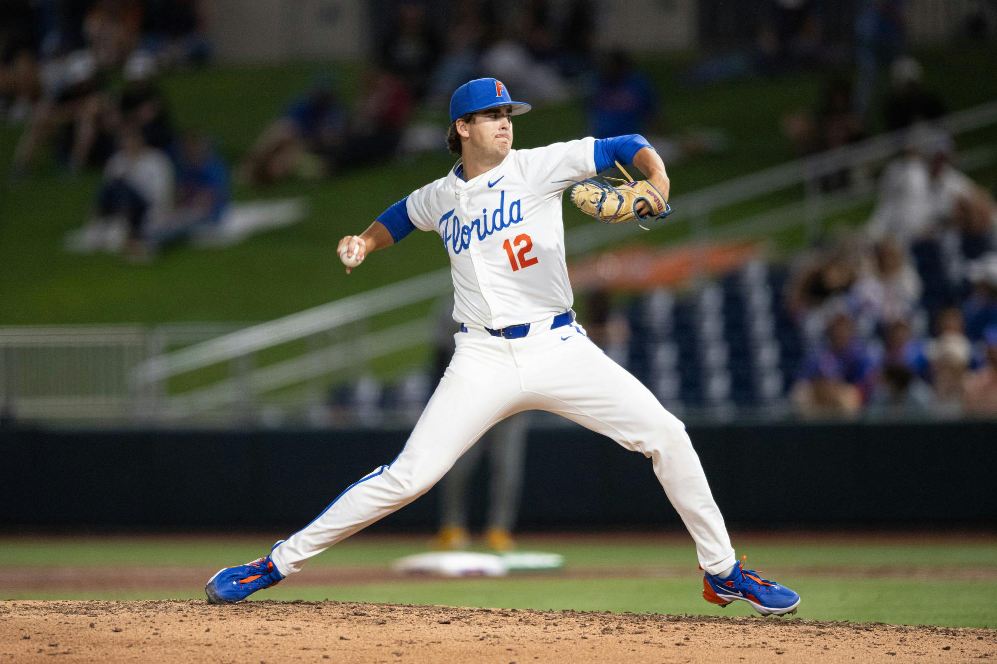 Florida Gators pitcher Liam Peterson (12) throws a pitch in a baseball game against the Missouri Tigers on Thursday, April 10, 2025, in Gainesville, Fla.