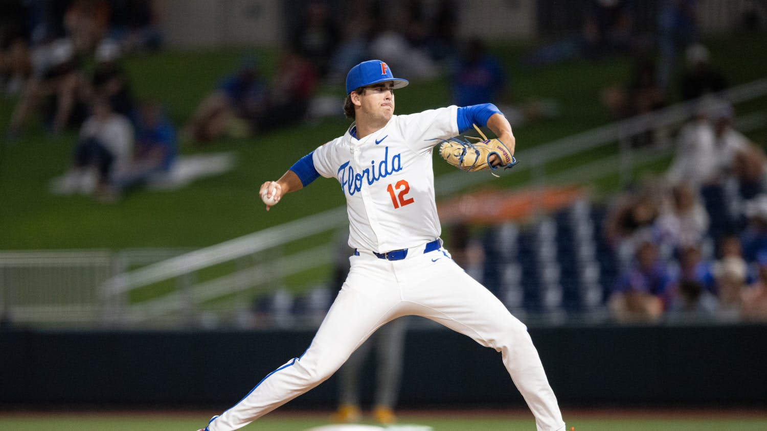 Florida Gators pitcher Liam Peterson (12) throws a pitch in a baseball game against the Missouri Tigers on Thursday, April 10, 2025, in Gainesville, Fla.