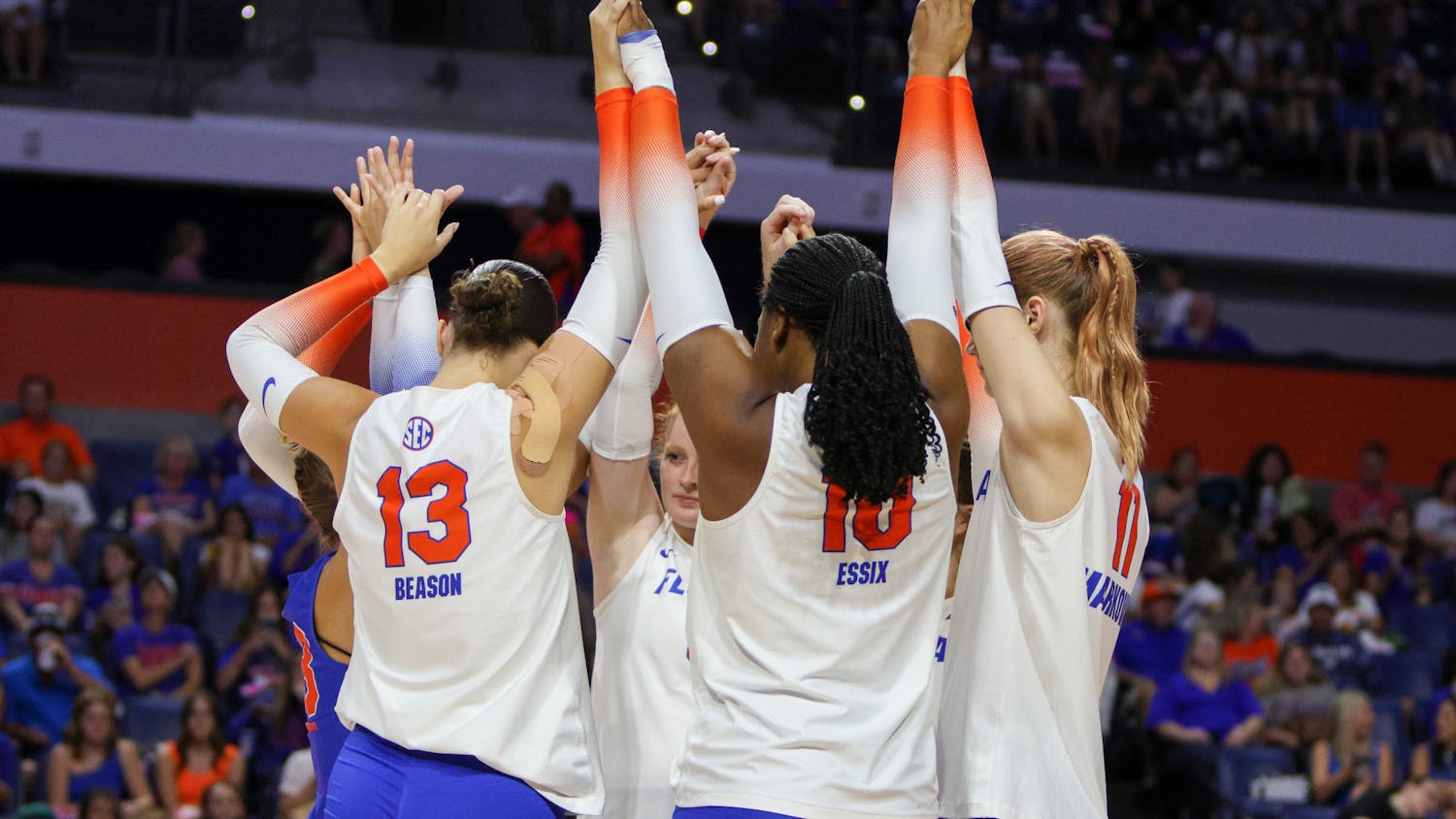 The Florida volleyball team celebrates a point during its game with the LSU Tigers Saturday, Oct. 8, 2022.