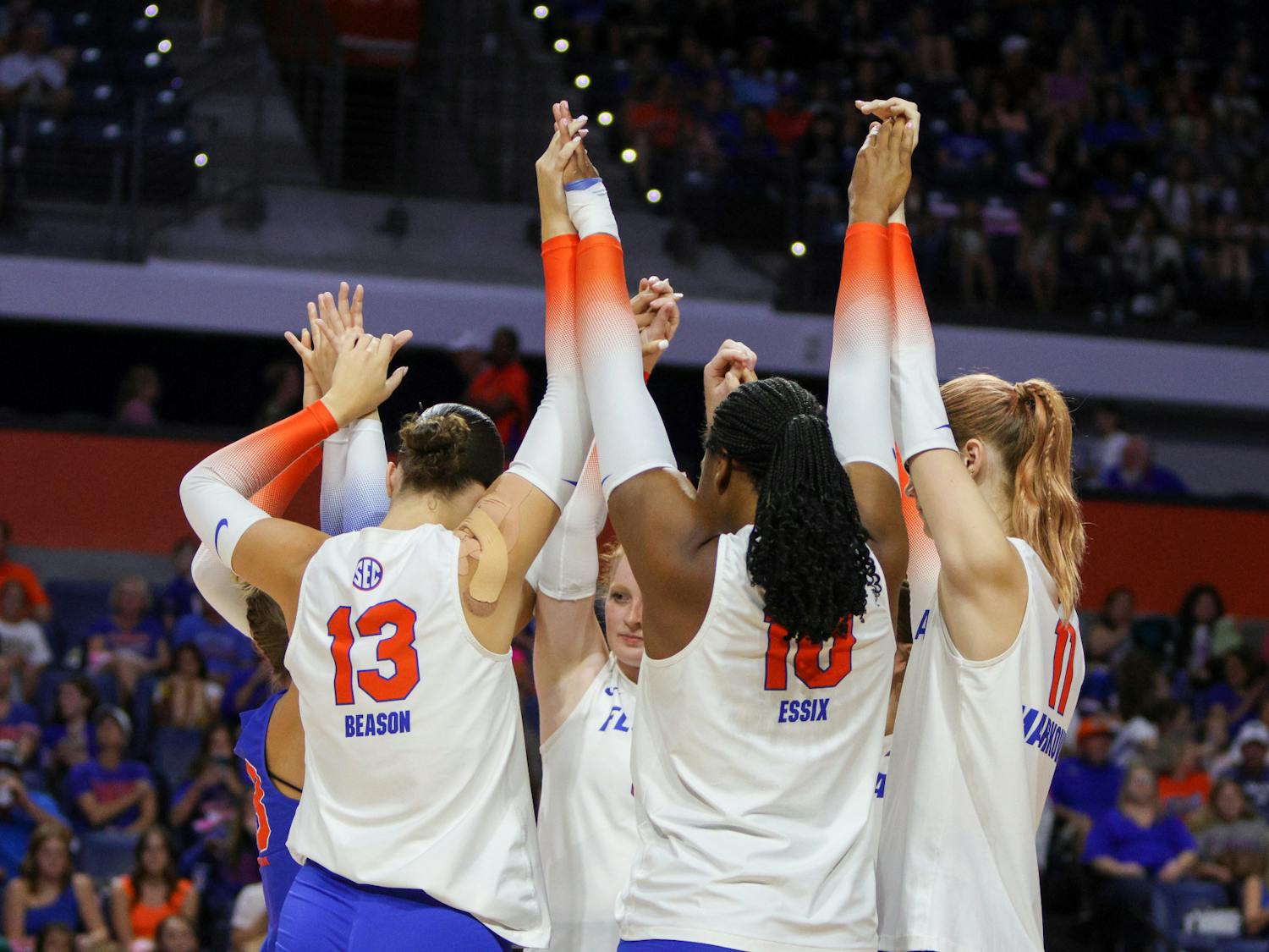 The Florida volleyball team celebrates a point during its game with the LSU Tigers Saturday, Oct. 8, 2022.