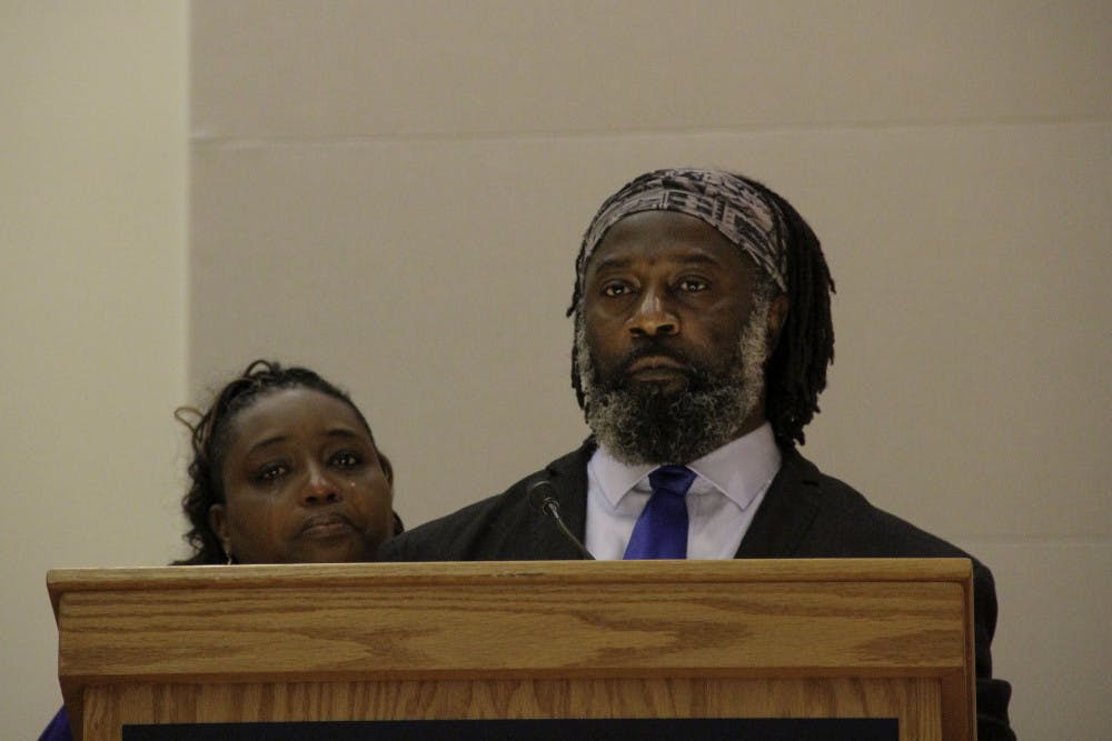 <p><span>Kamula McKnight-Butler and Phillip Griffiths, Denise Griffiths' mother and father, speak fondly of their late daughter and urge her loved ones to celebrate her life during her memorial service in the Rion Ballroom on Wednesday evening. "Denise has dropped the mic, but will always be in the building," Griffiths said.</span></p>