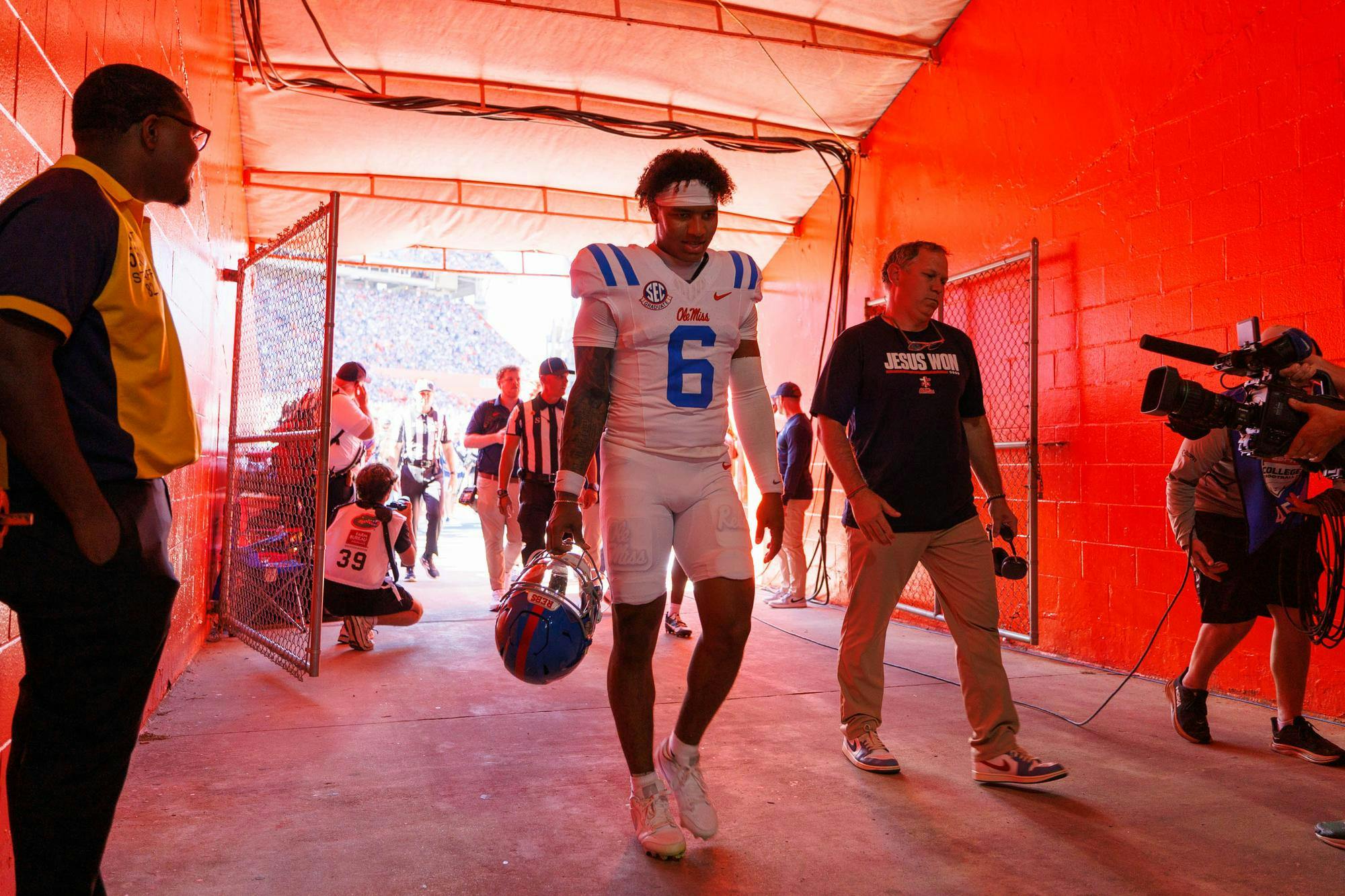 Ole Miss quarterback Trinidad Chambliss (6) walks through the Florida tunnel before an NCAA college football game against Florida, Saturday, Sept. 26, 2026, in Gainesville, Fla.