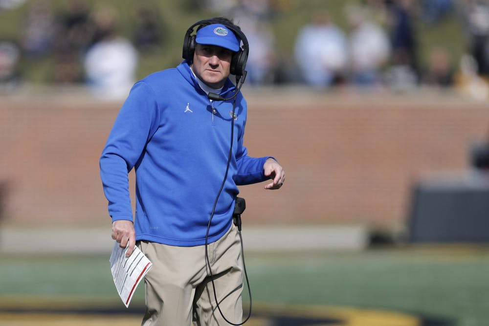 <p><span>Florida head coach Dan Mullen watches from the sidelines during the first half of an NCAA college football game against Missouri, Saturday, Nov. 16, 2019, in Columbia, Mo. (AP Photo/Jeff Roberson)</span></p>