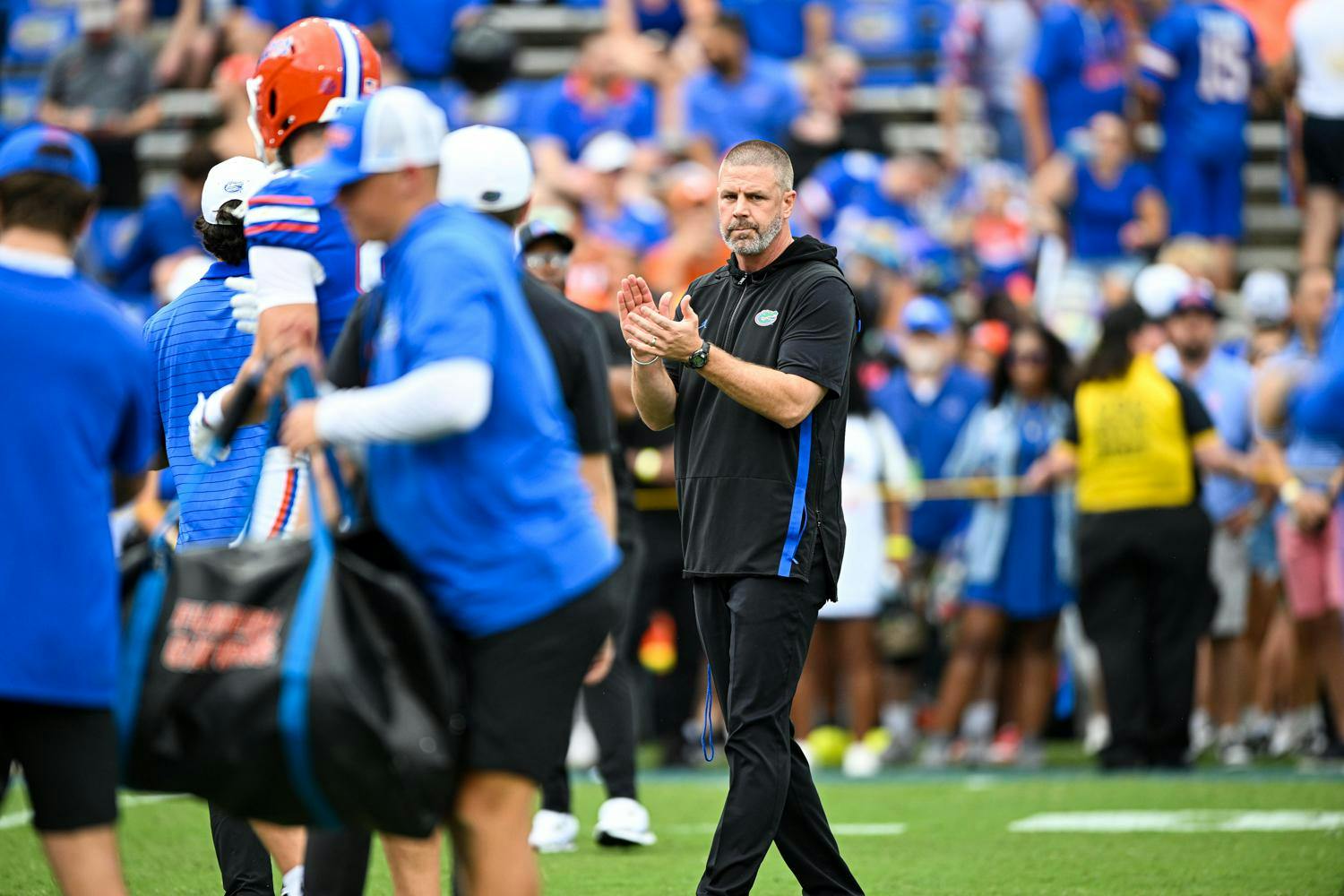 Florida Gators head coach Billy Napier during warmups before a football game between the Texas Longhorns and the Florida Gators on Saturday, Oct. 4, 2025, at Ben Hill Griffin Stadium in Gainesville, Fla.