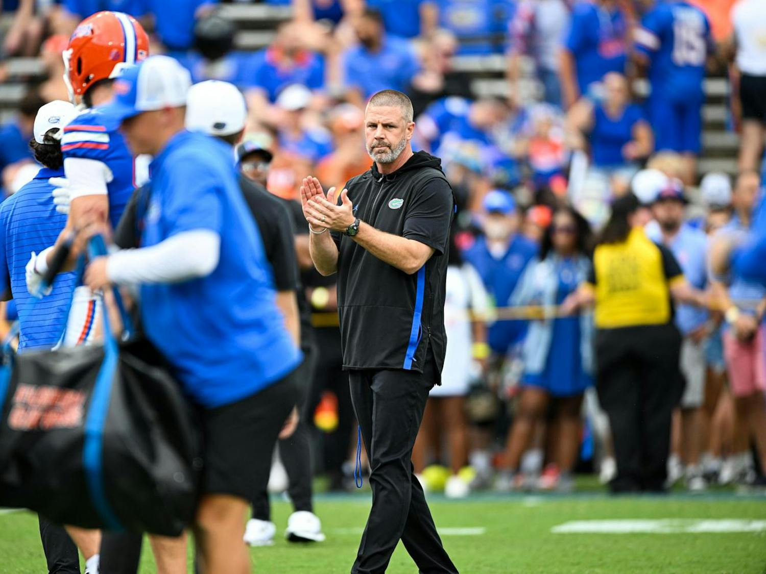 Florida Gators head coach Billy Napier during warmups before a football game between the Texas Longhorns and the Florida Gators on Saturday, Oct. 4, 2025, at Ben Hill Griffin Stadium in Gainesville, Fla.