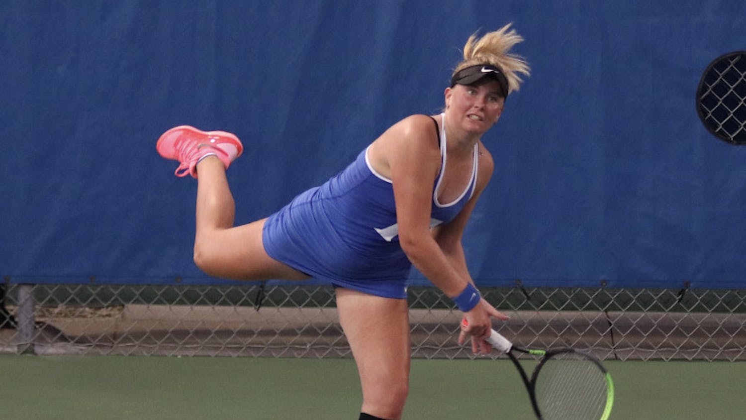 Sara Dahlstrom fires an forehead return against LSU on Feb. 26. Dahlstrom clinched the NCAA tournament match victory against Florida State with a singles win.